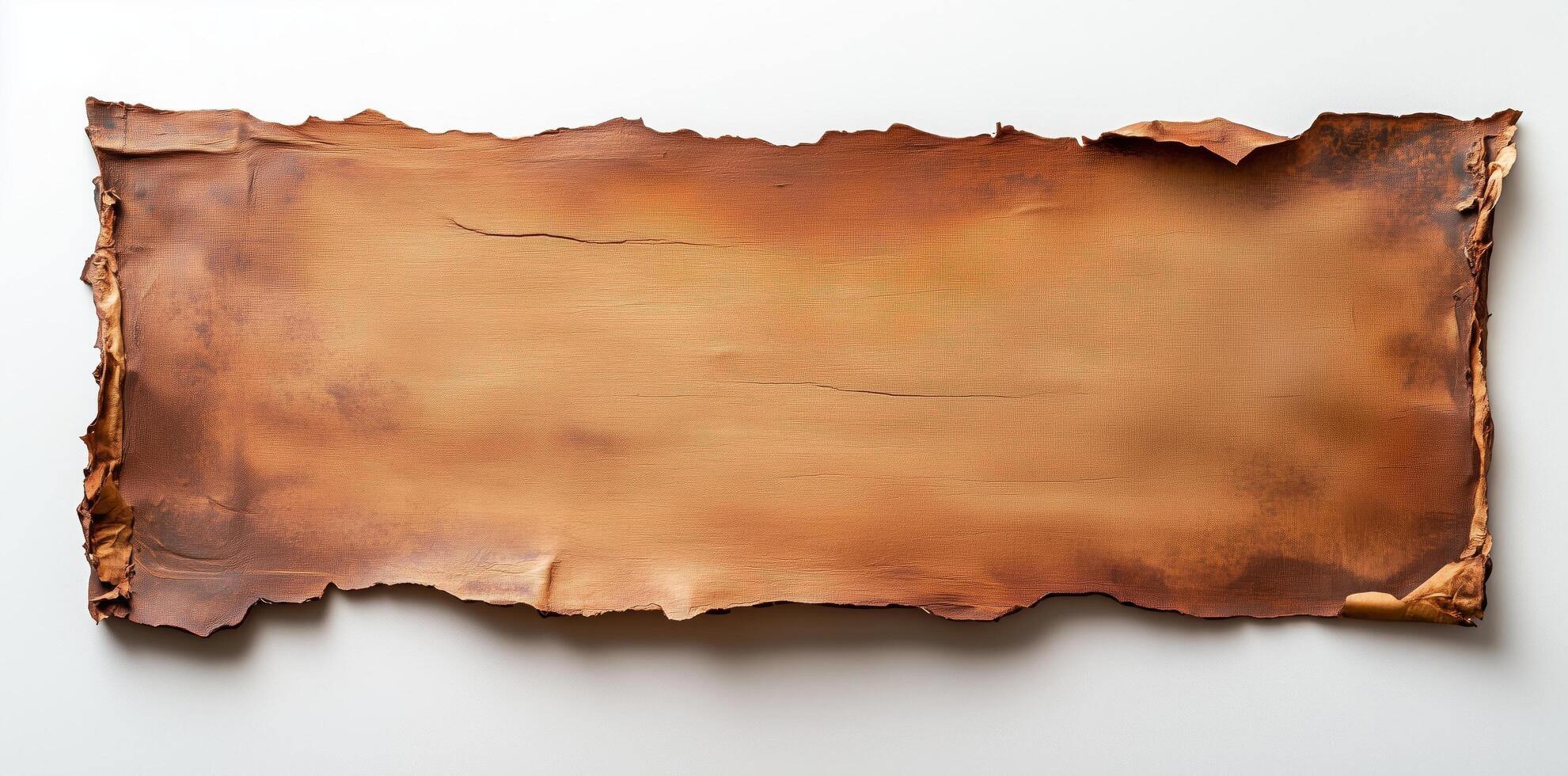 Aged parchment paper texture in brown and tan tones isolated on white background. Rustic and vintage design element for various applications. Background concept photo
