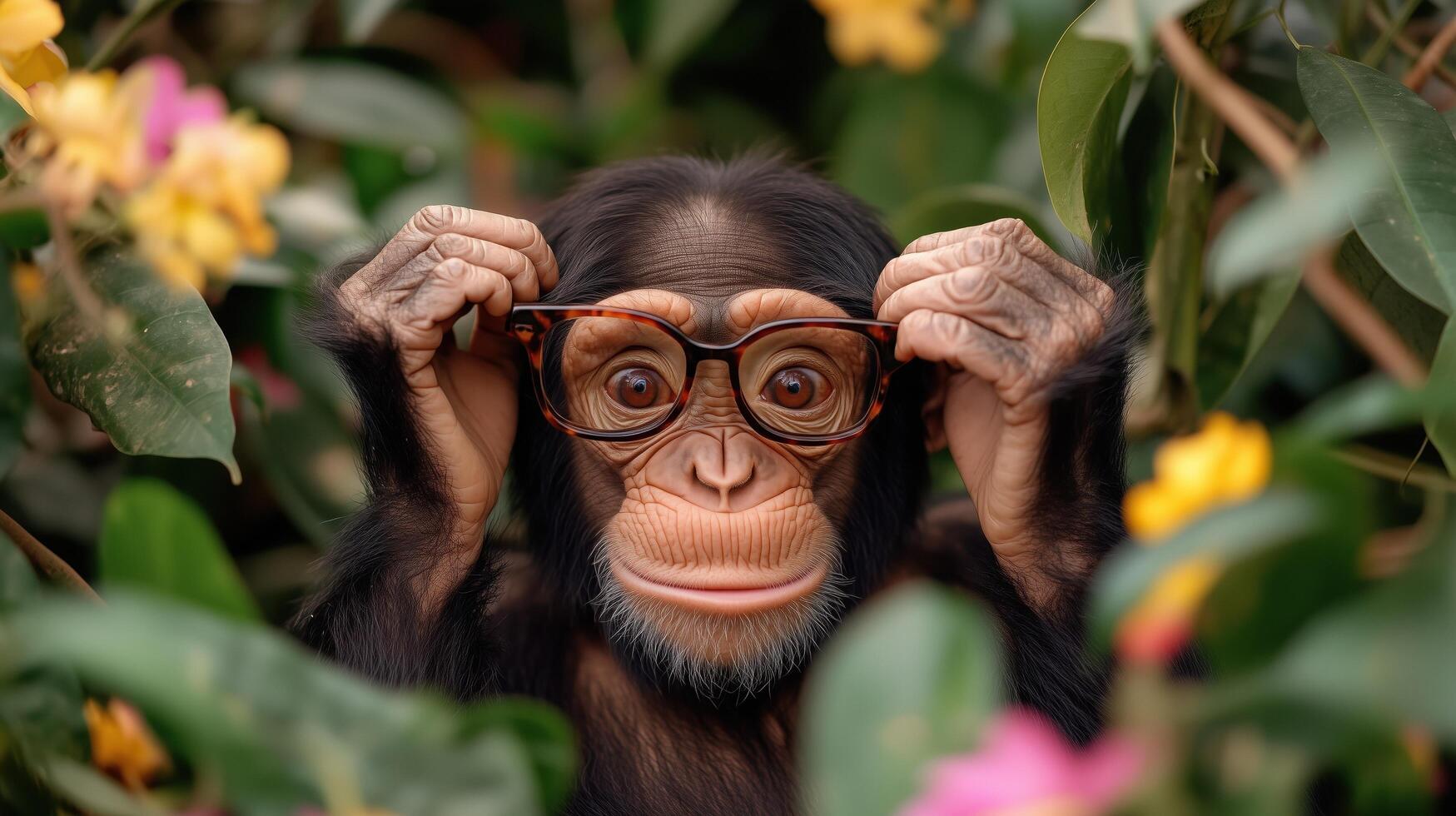 A Curious Chimpanzee Adjusting Its Spectacles Amidst Lush Tropical Foliage photo