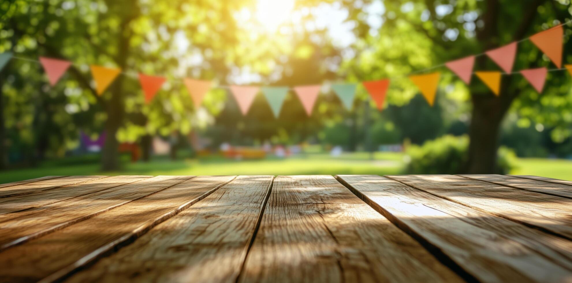 Empty wooden table against blurred background of sunny park adorned with colorful party flags. Summer event display concept photo