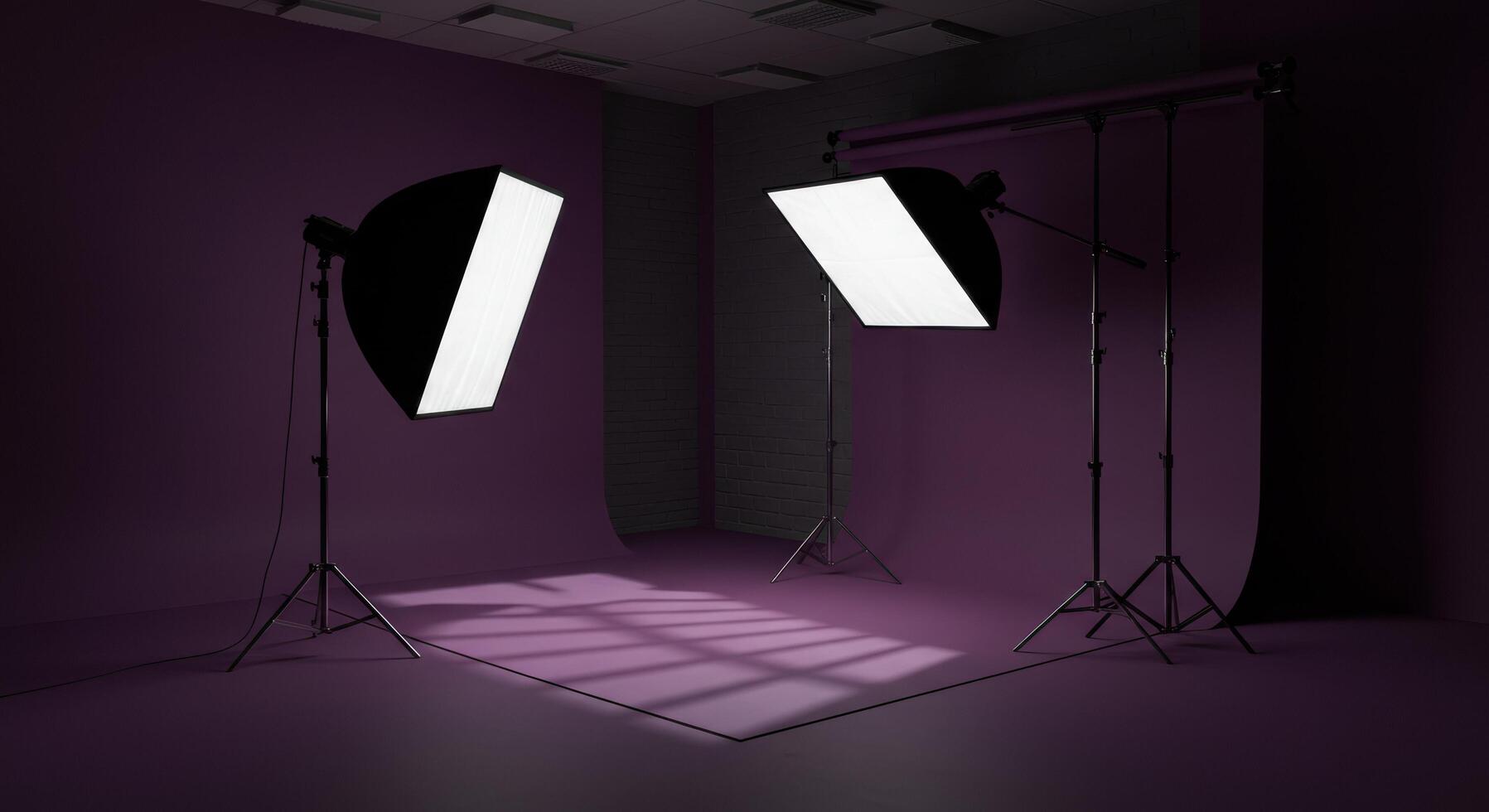 Studio Lighting Setup with Black Softboxes Creating Dramatic Shadows photo