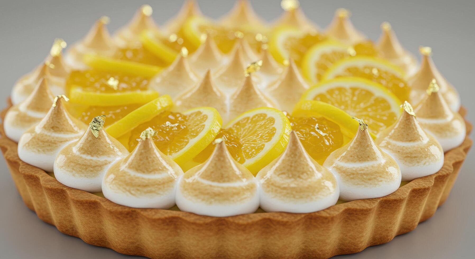 Delicious lemon meringue tart with gold leaf and citrus fruit slices photo