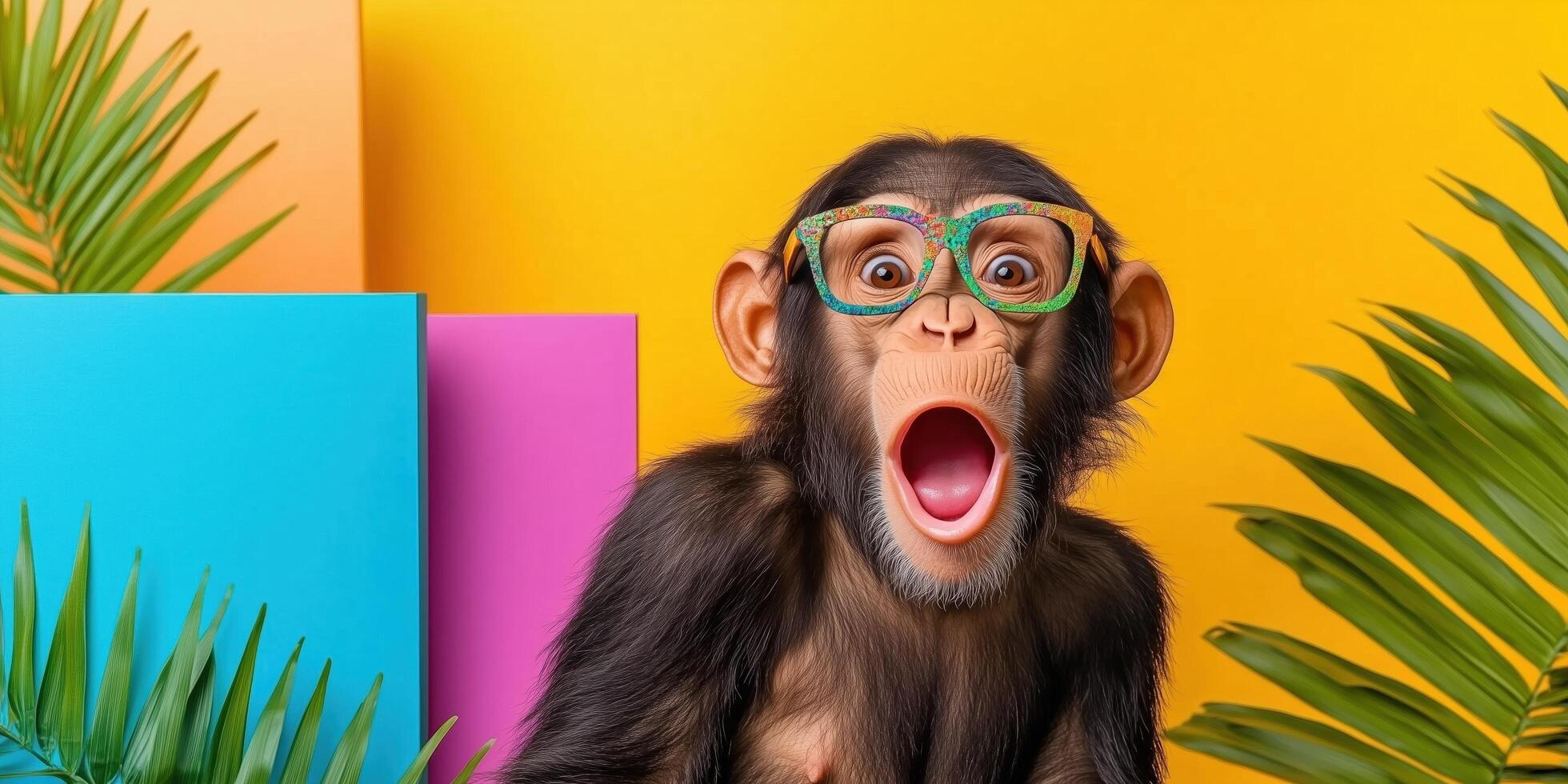 A Surprised Chimpanzee Wearing Glasses Against a Vibrant Tropical Background photo