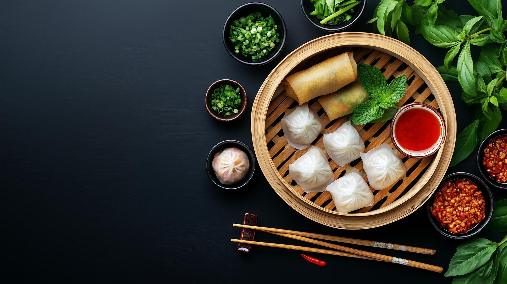 Overhead view of bamboo steamer with delectable dim sum, spring rolls, and vibrant garnishes. Asian cuisine presentation concept photo