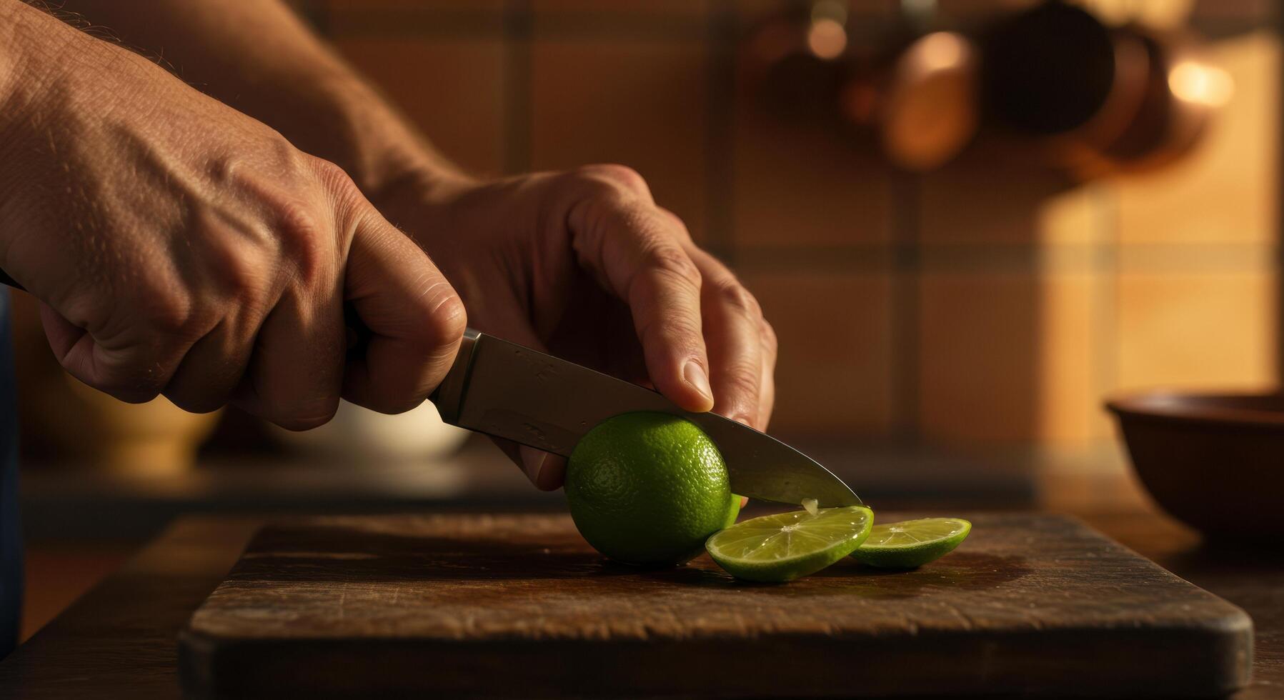 Lime Slicing A Rustic Kitchen Still Life photo