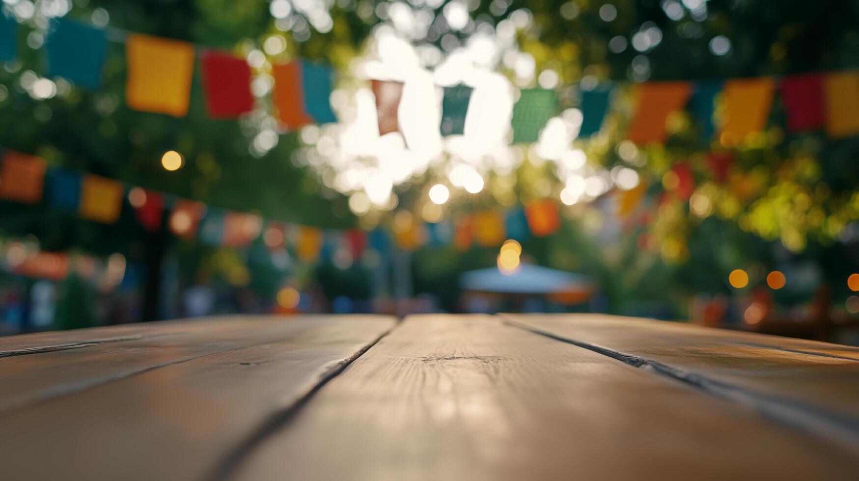 Empty wooden table set against blurred background of colorful party flags and trees, perfect setting for summer events and celebrations. Event concept photo