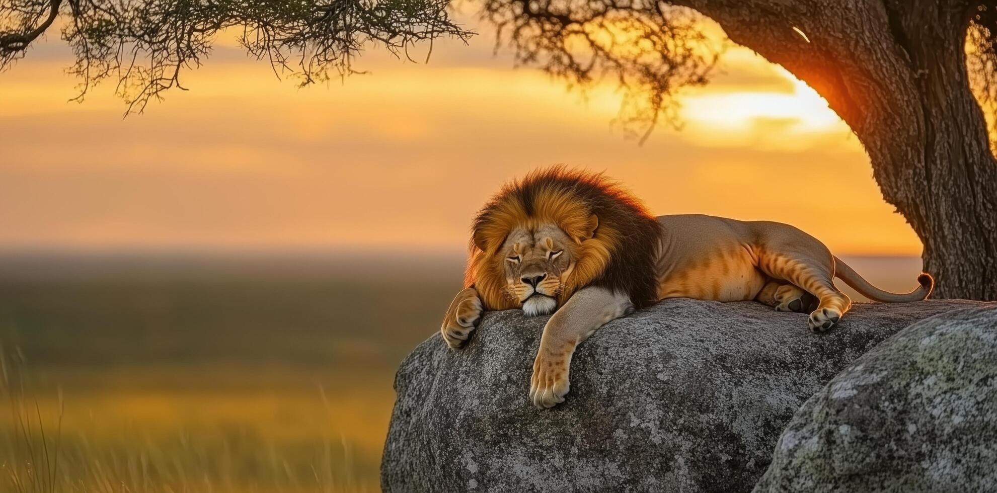 Majestic lion resting on a rock in the African savanna at sunset, embodying power and beauty in the golden hour light. Wildlife serenity concept photo