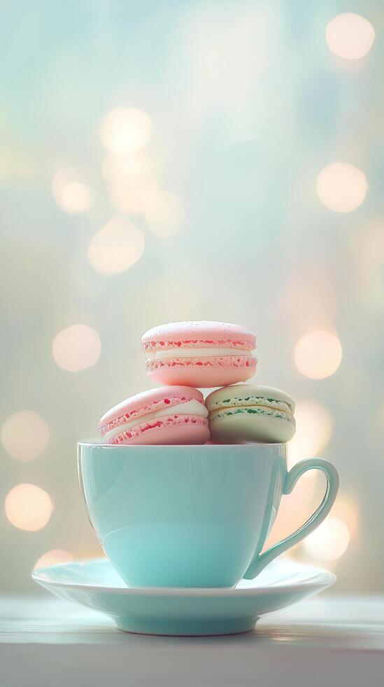 Pastel pink and green macarons in light blue teacup on saucer, against soft dreamy bokeh background, creating delightful dessert scene. Food concept photo