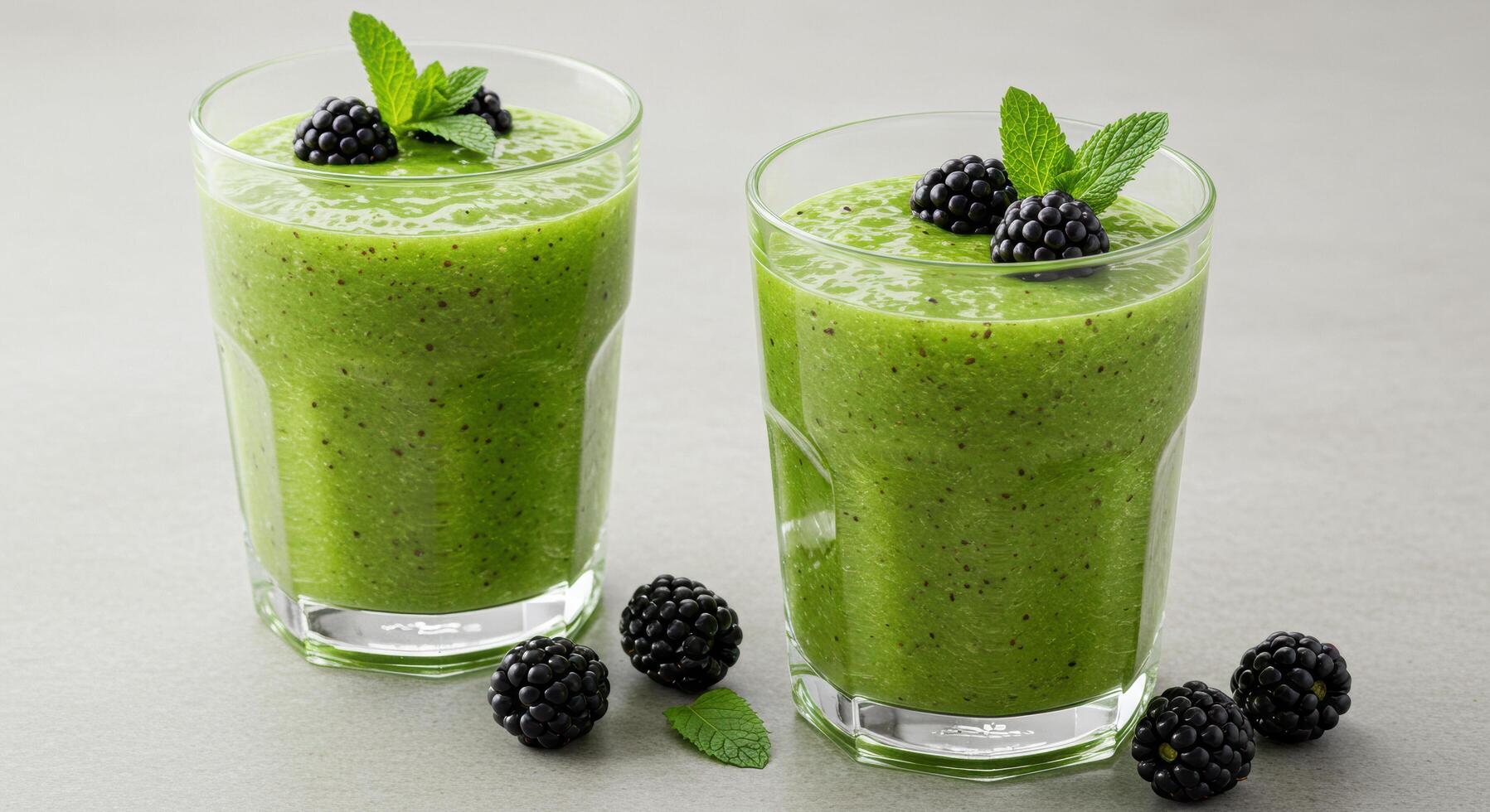 Two refreshing green smoothies with blackberries and mint on a gray table photo