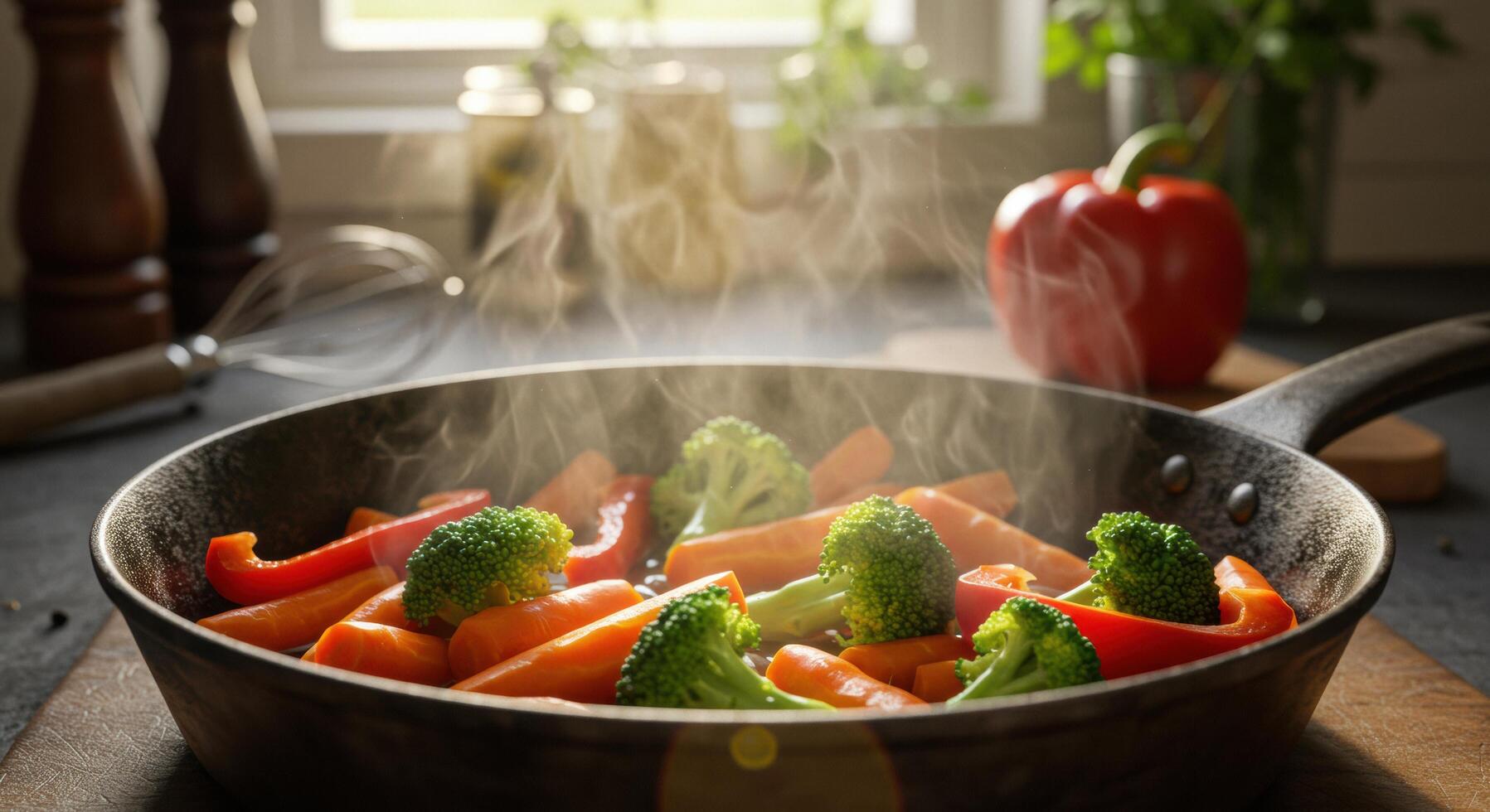 Steaming Vegetables in Rustic Cast Iron Pan A Warm Kitchen Scene photo