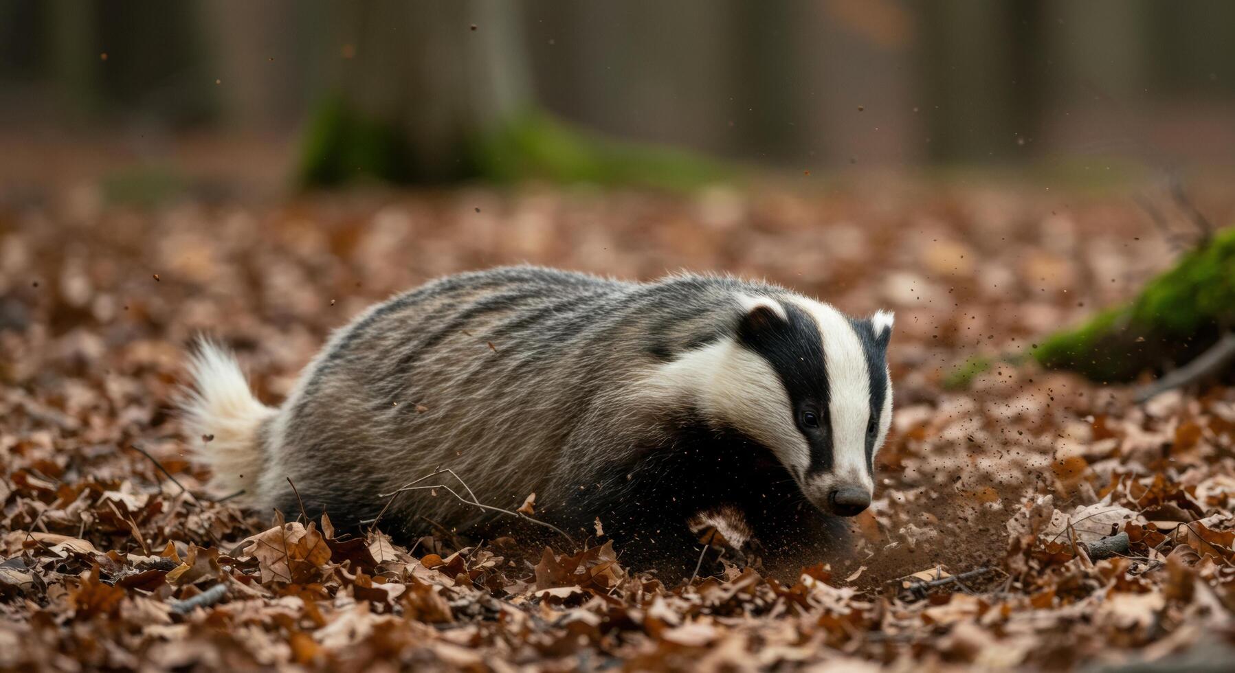 Running American Badger Disturbing Leaves in a Forest During Autumn photo