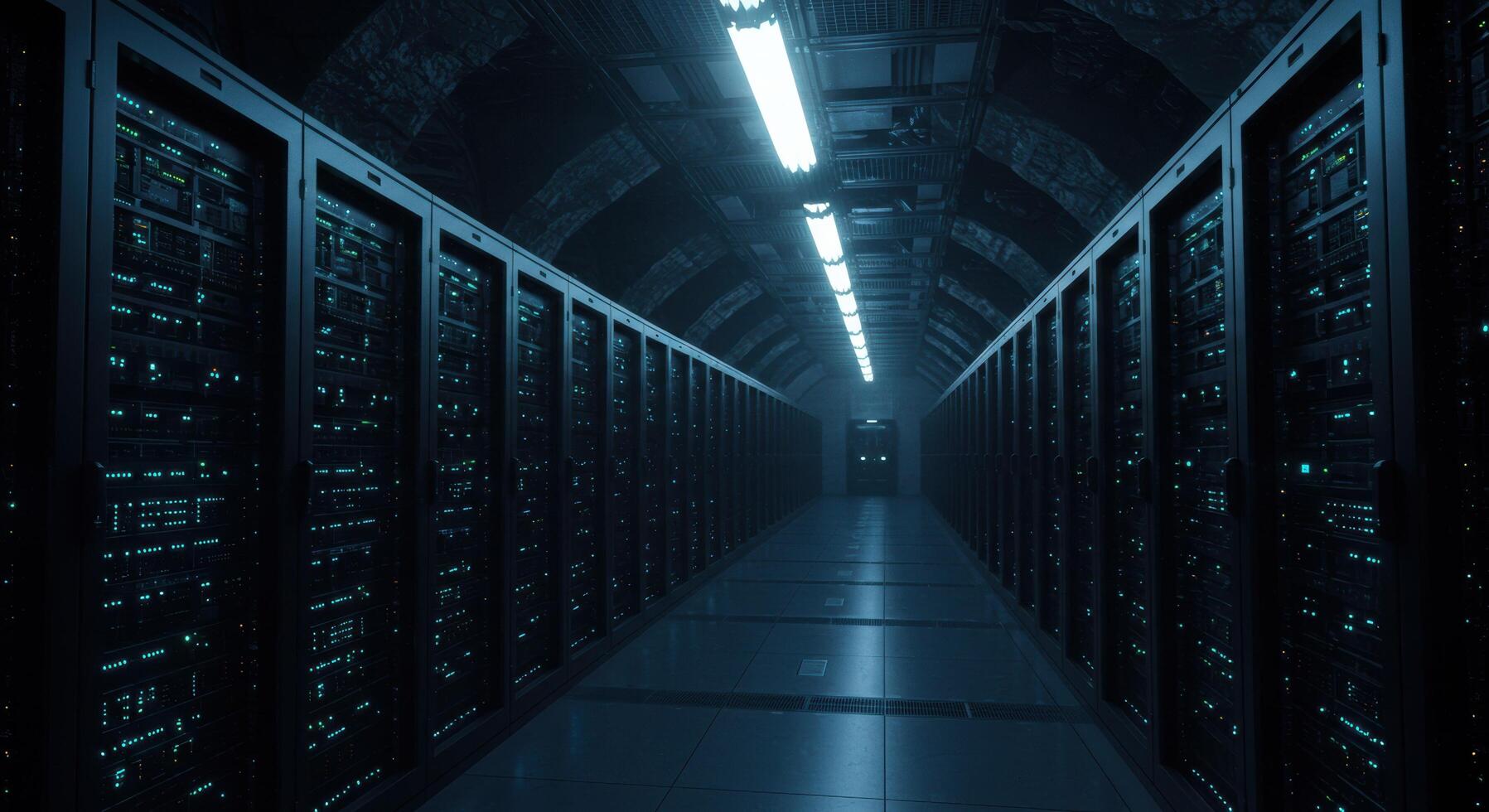 Cyberpunk Server Hall Rows of Dark Servers Glimmering with Teal Lights photo