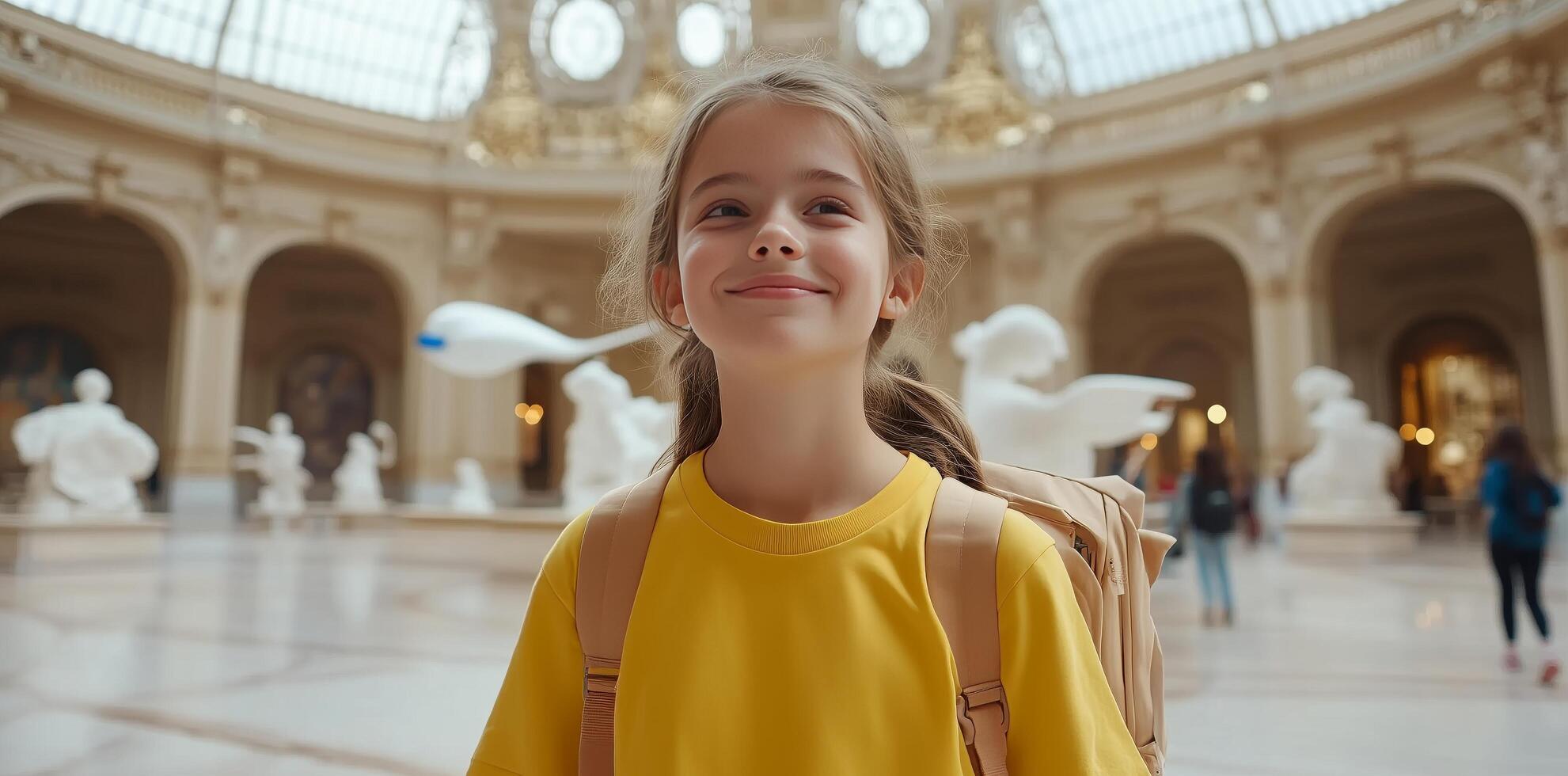 Young girl smiles while exploring grand museum filled with impressive sculptures, reflecting her wonder and excitement. Museum experience concept photo