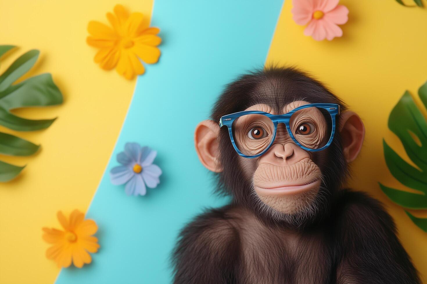 Adorable Chimpanzee with Blue Glasses Posing Against a Vibrant Tropical Background photo