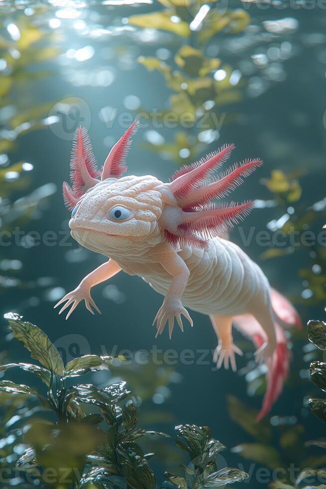 Albino Axolotl Swims Aquatic Plants photo