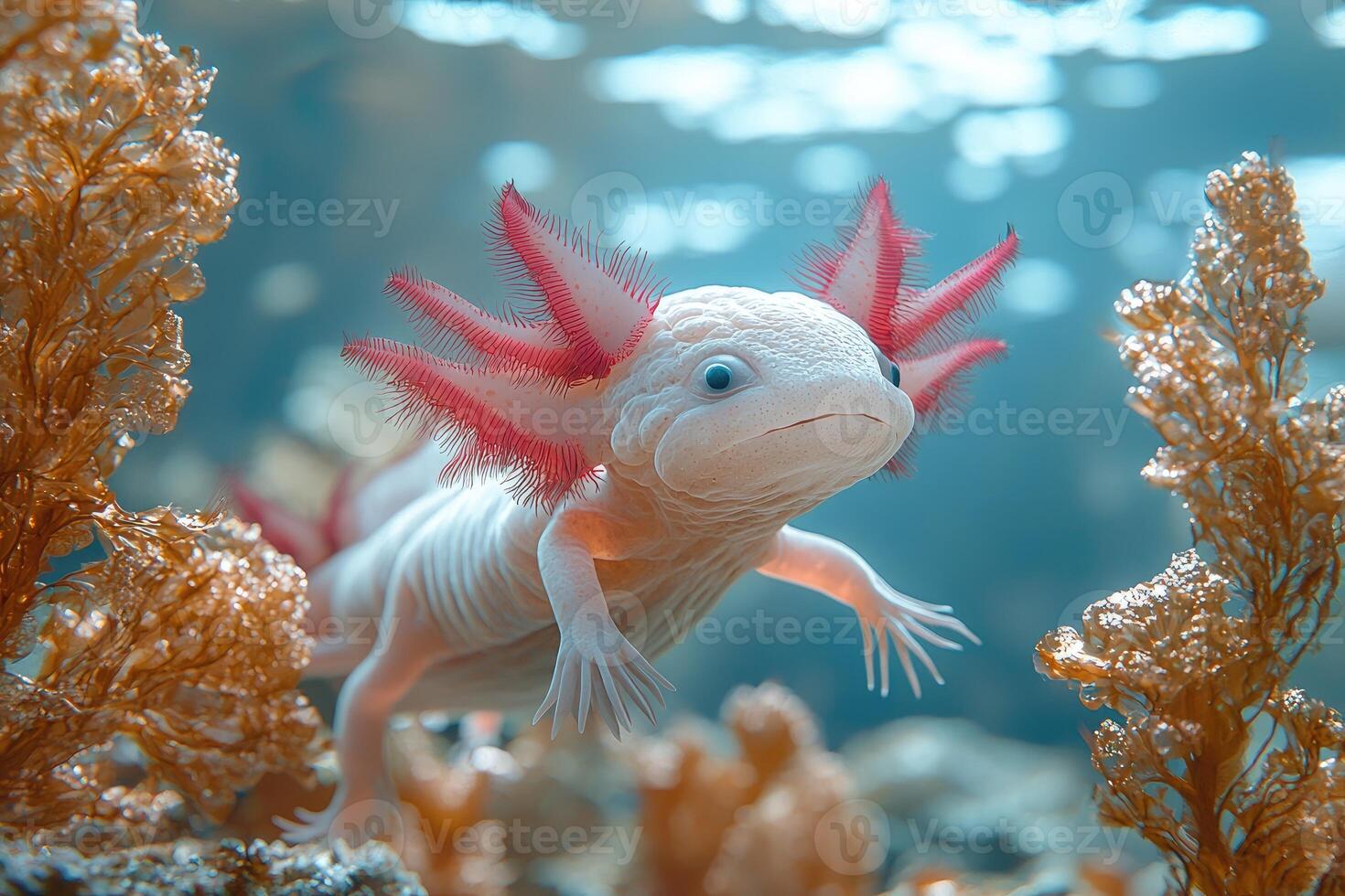 Albino Axolotl Swims Among Aquatic photo