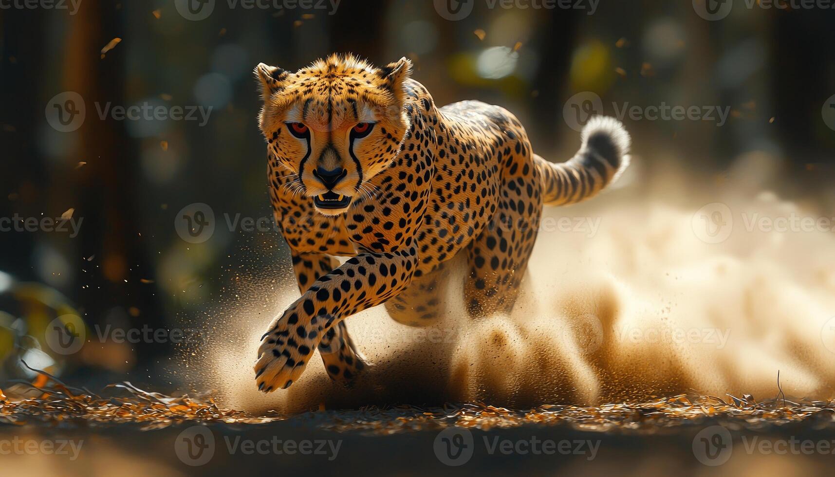 A cheetah running through the woods photo
