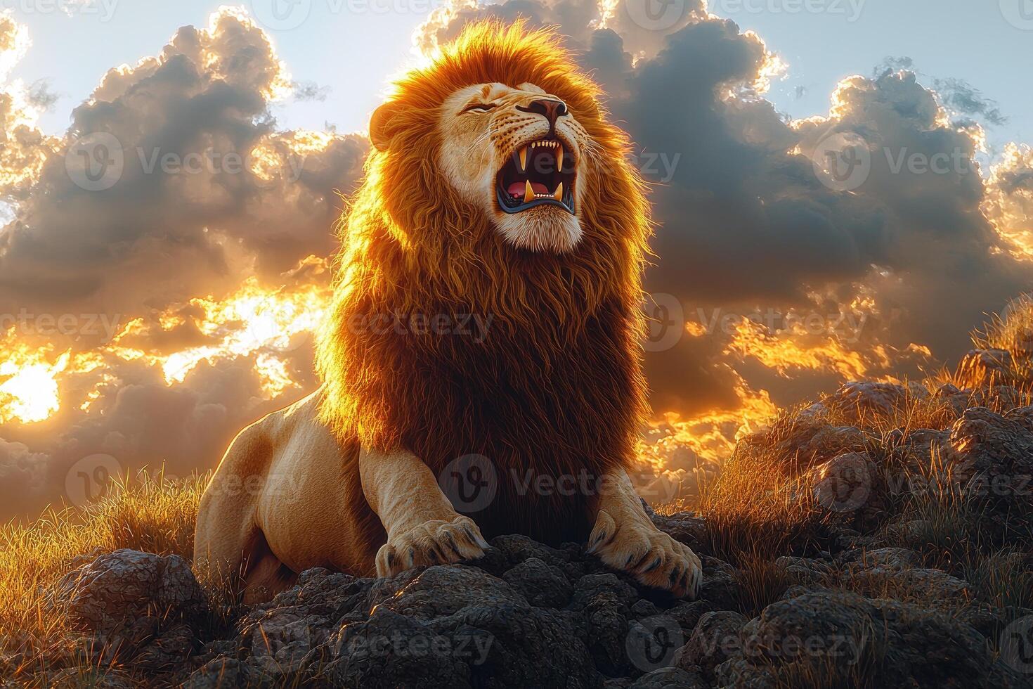 A lion roaring in the sun with clouds in the background photo