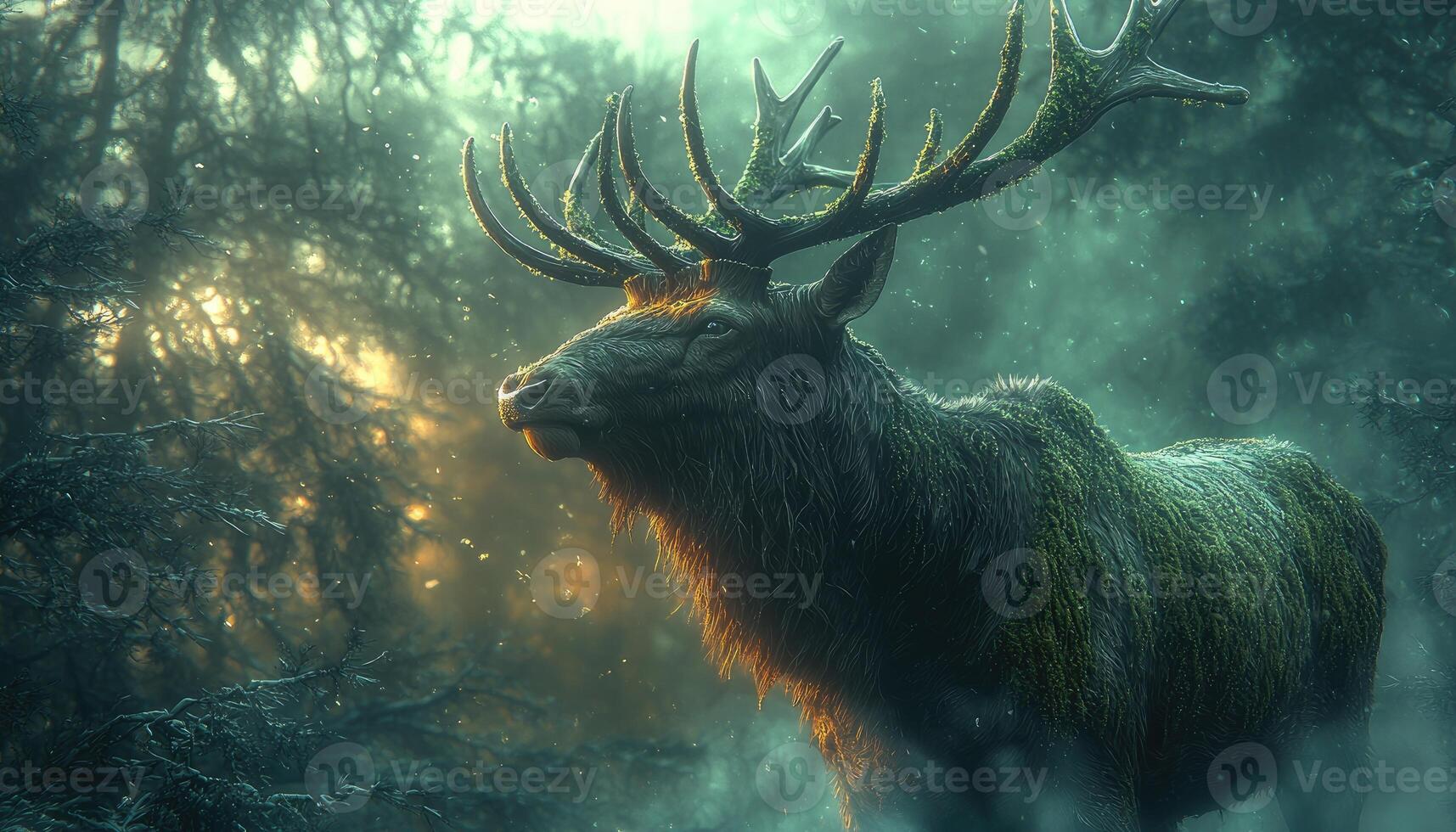 A deer with large horns standing in the woods photo