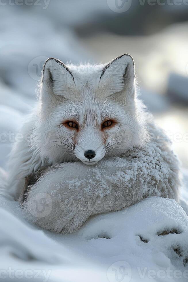 A white fox laying on the snow photo