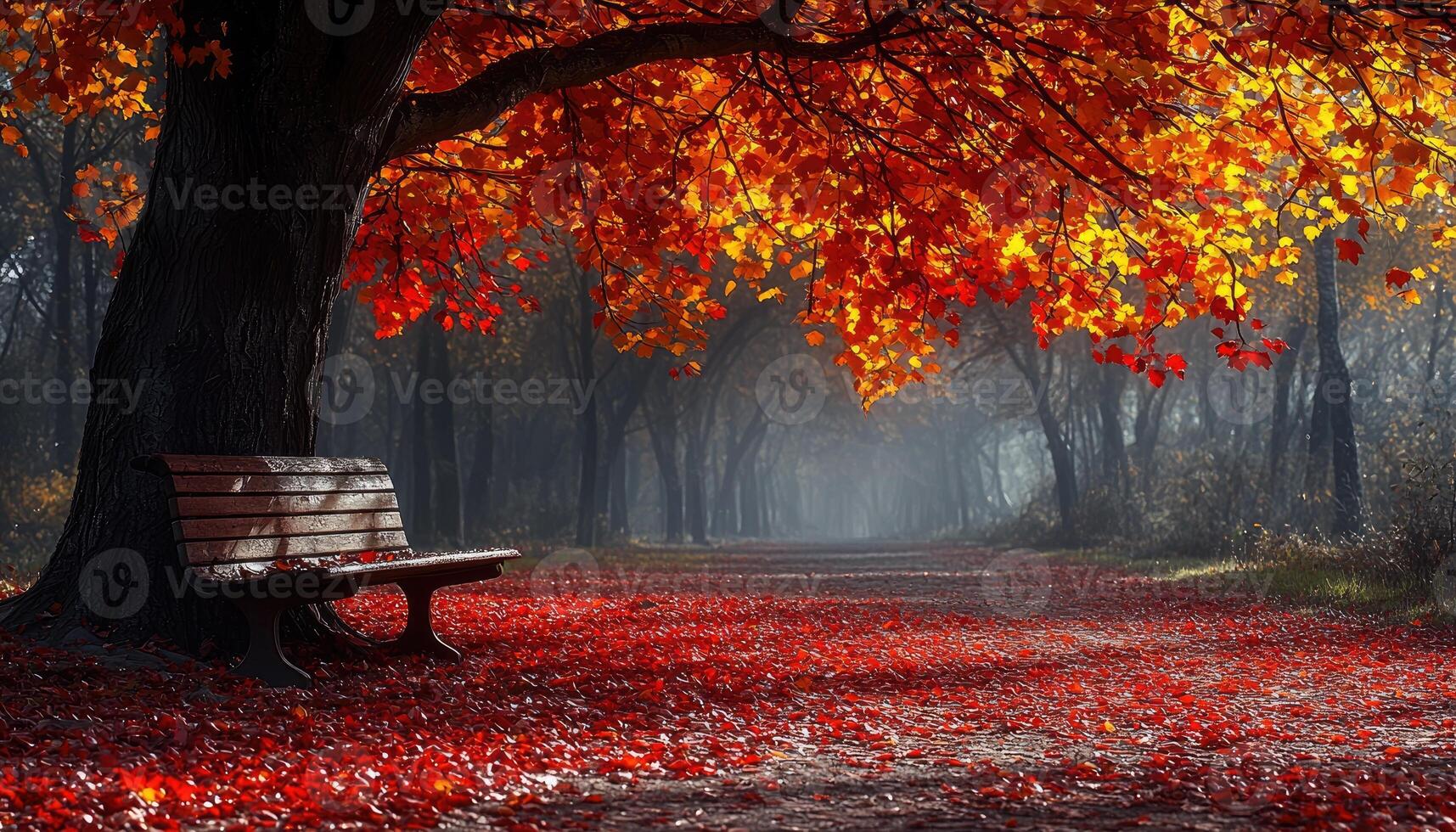 A bench under a tree in the middle of a forest photo