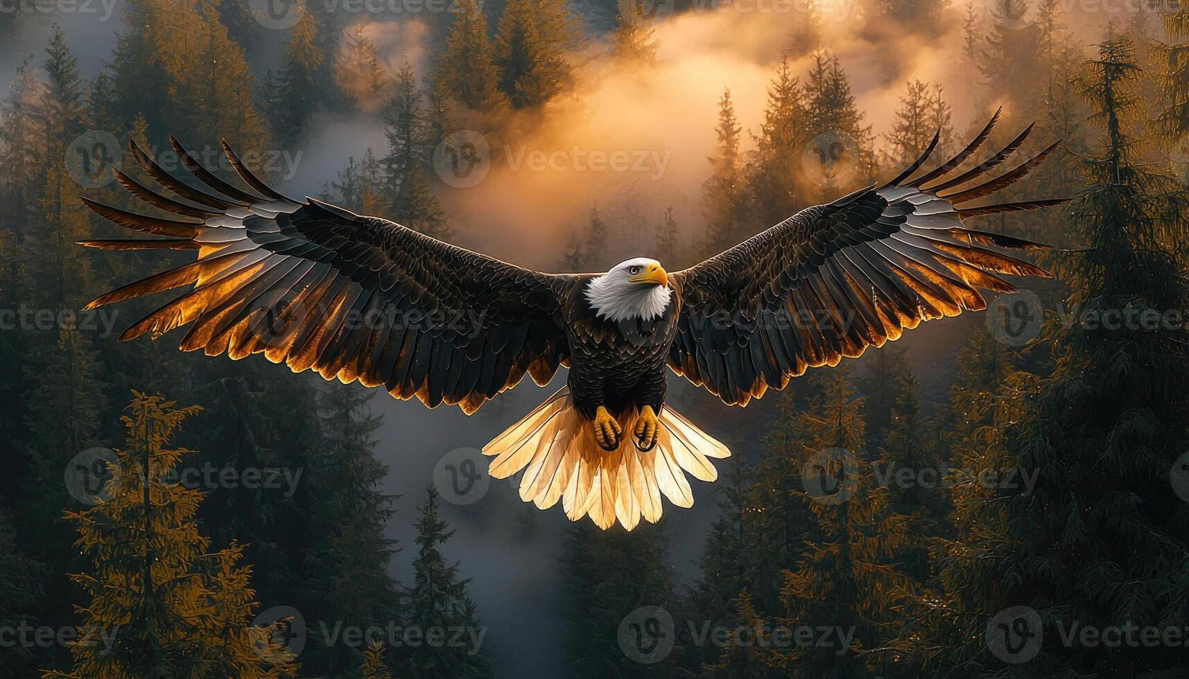Soaring Majestic Bald Eagle Above Misty Forest photo