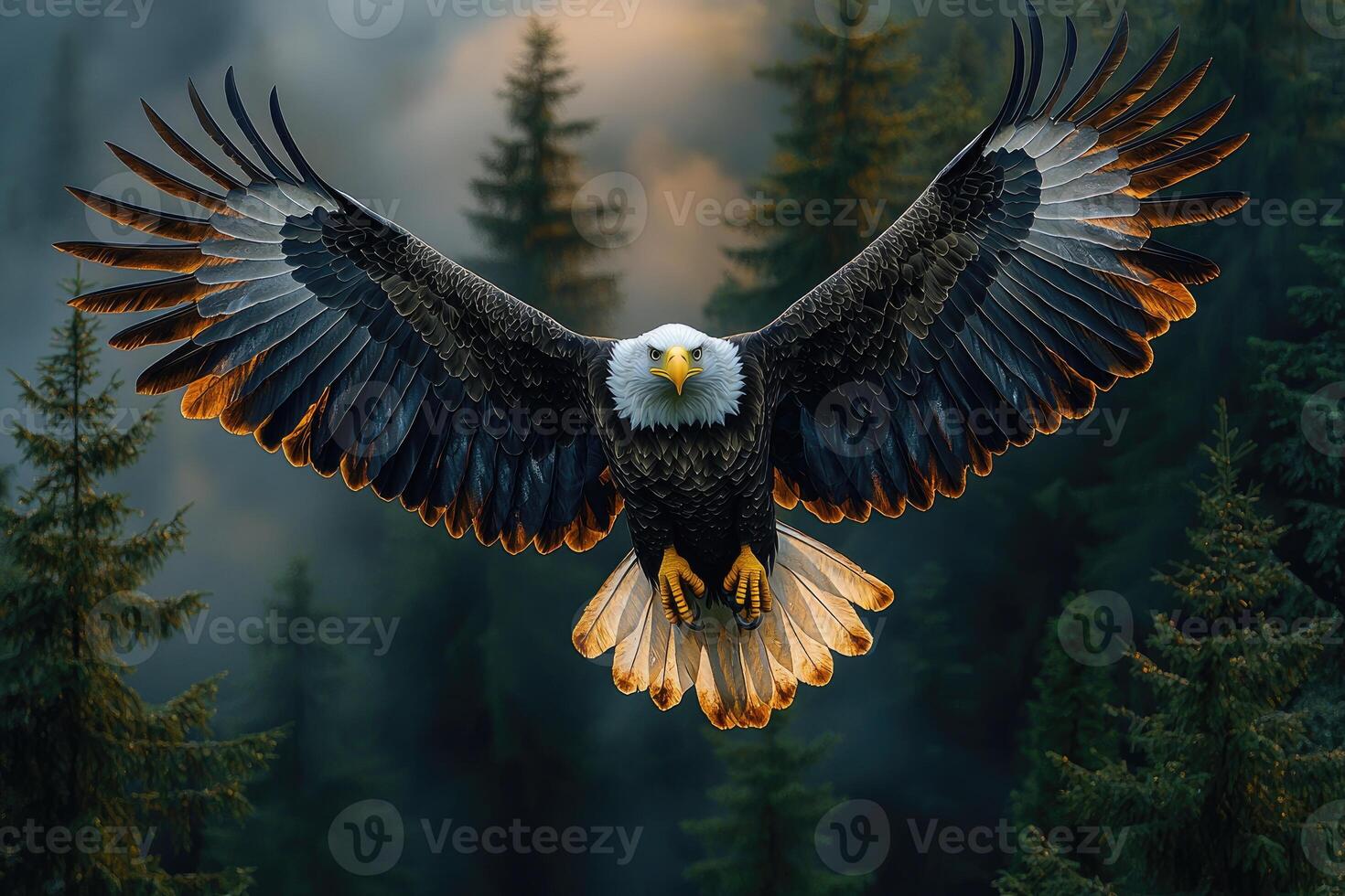 Bald Eagle Soaring Through a Forest photo