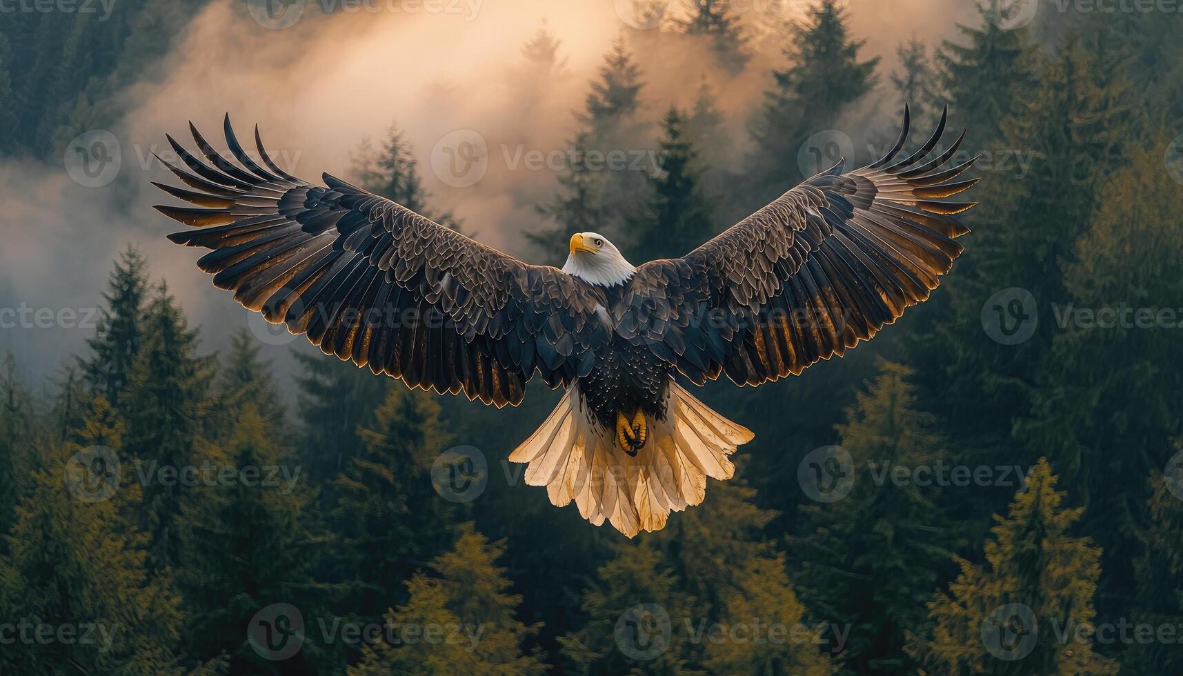 Majestic Bald Eagle Soaring Over Forest photo