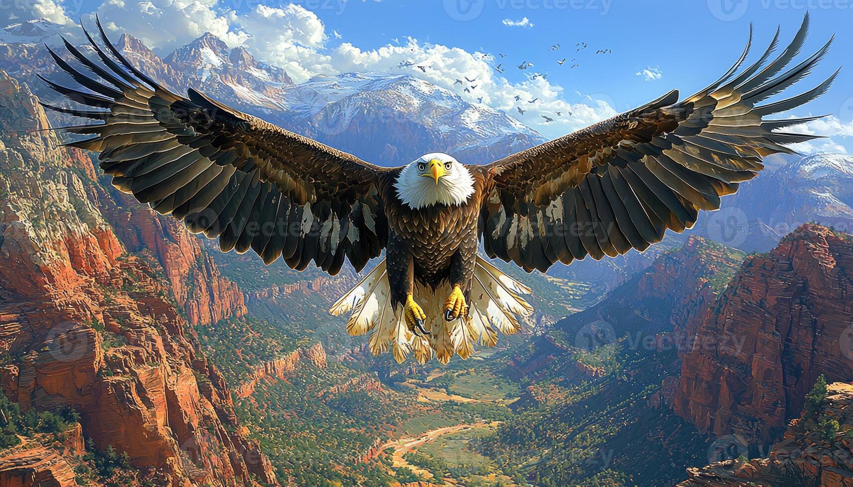 Majestic Bald Eagle Soaring Above Mountainous Landscape photo