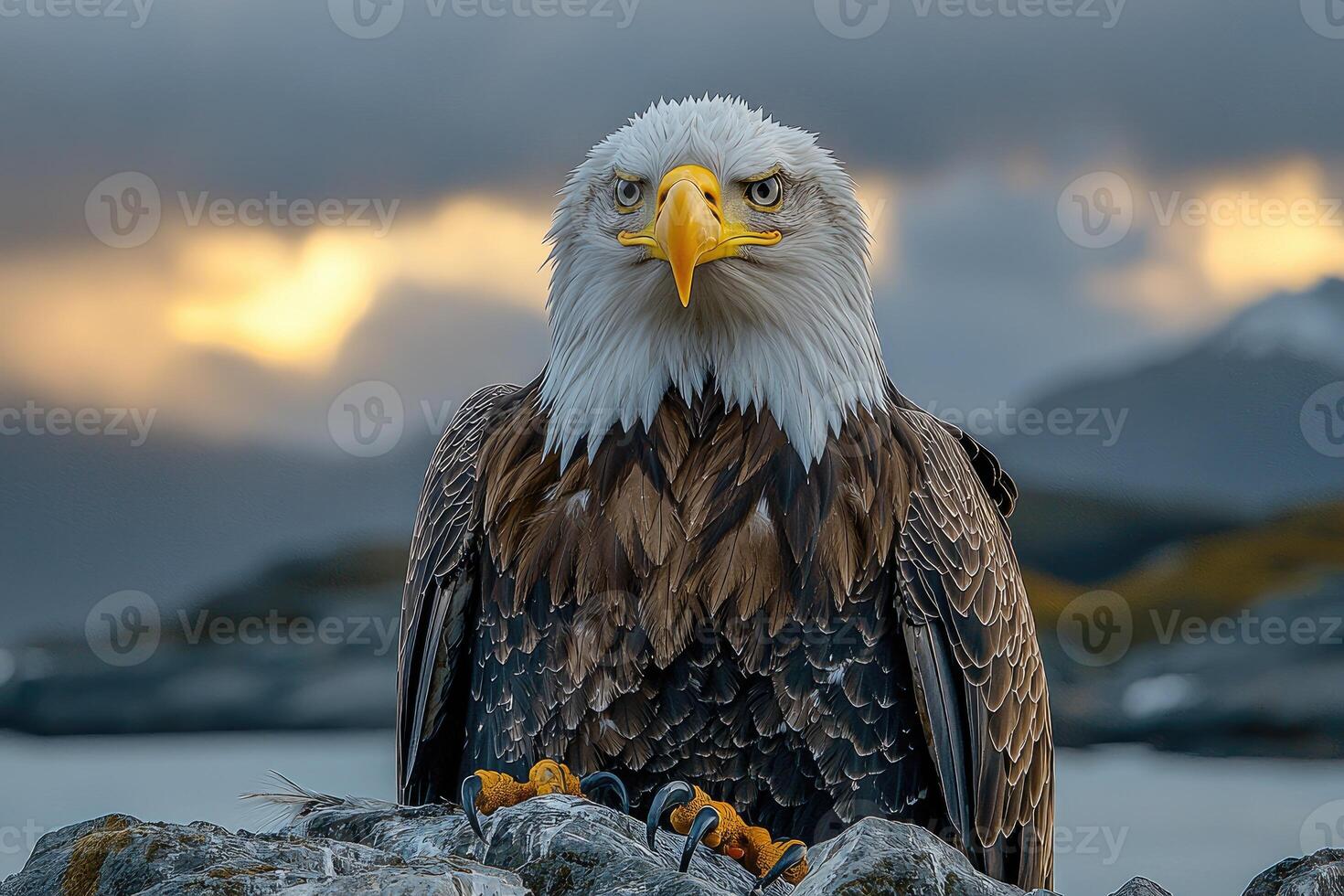 Majestic Bald Eagle at Sunset Over Rocky Shoreline photo