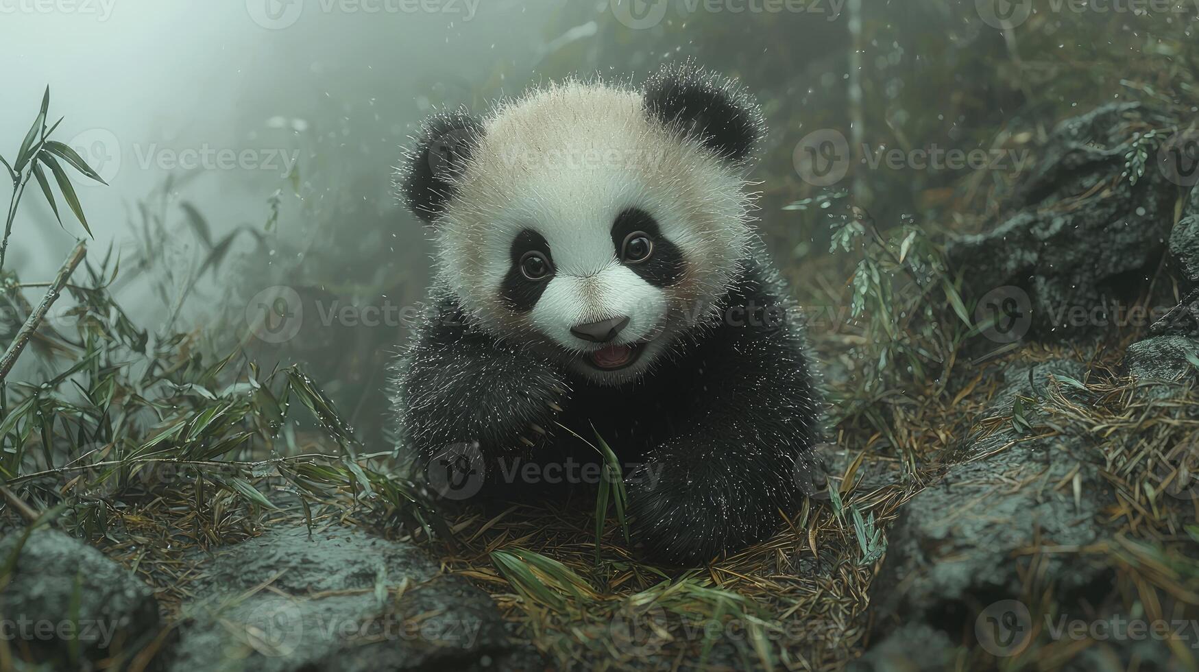 Baby Panda Playing in Misty Bamboo Forest photo
