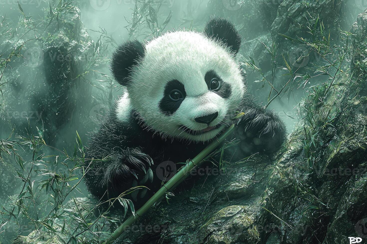 Adorable Panda Cub Enjoying Bamboo in Misty Forest photo