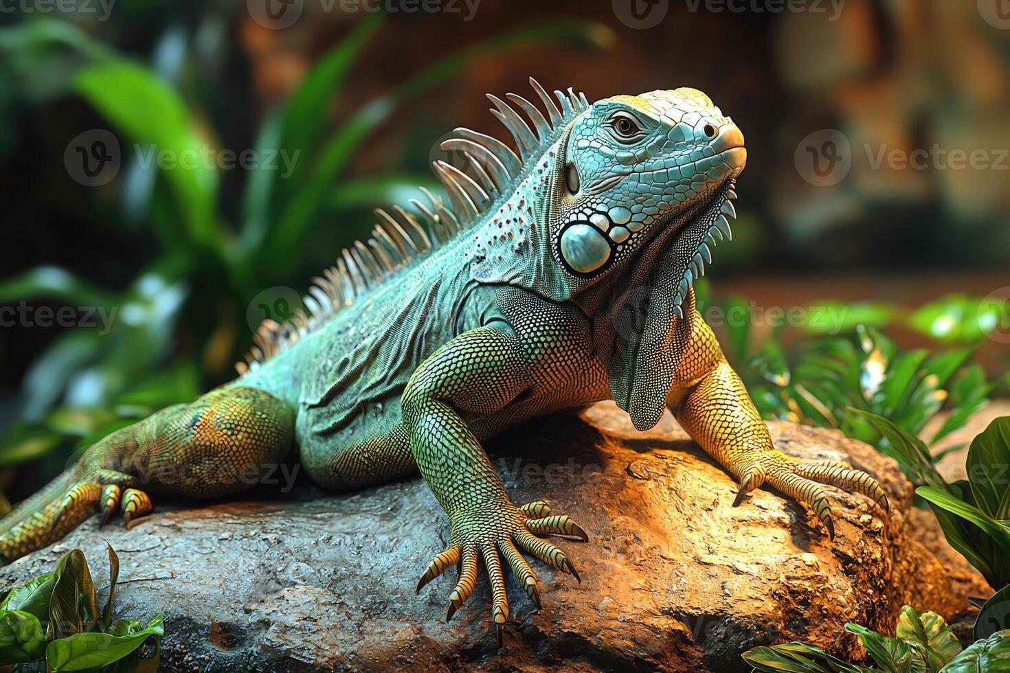 Green Iguana Resting On Rock In Lush Environment photo