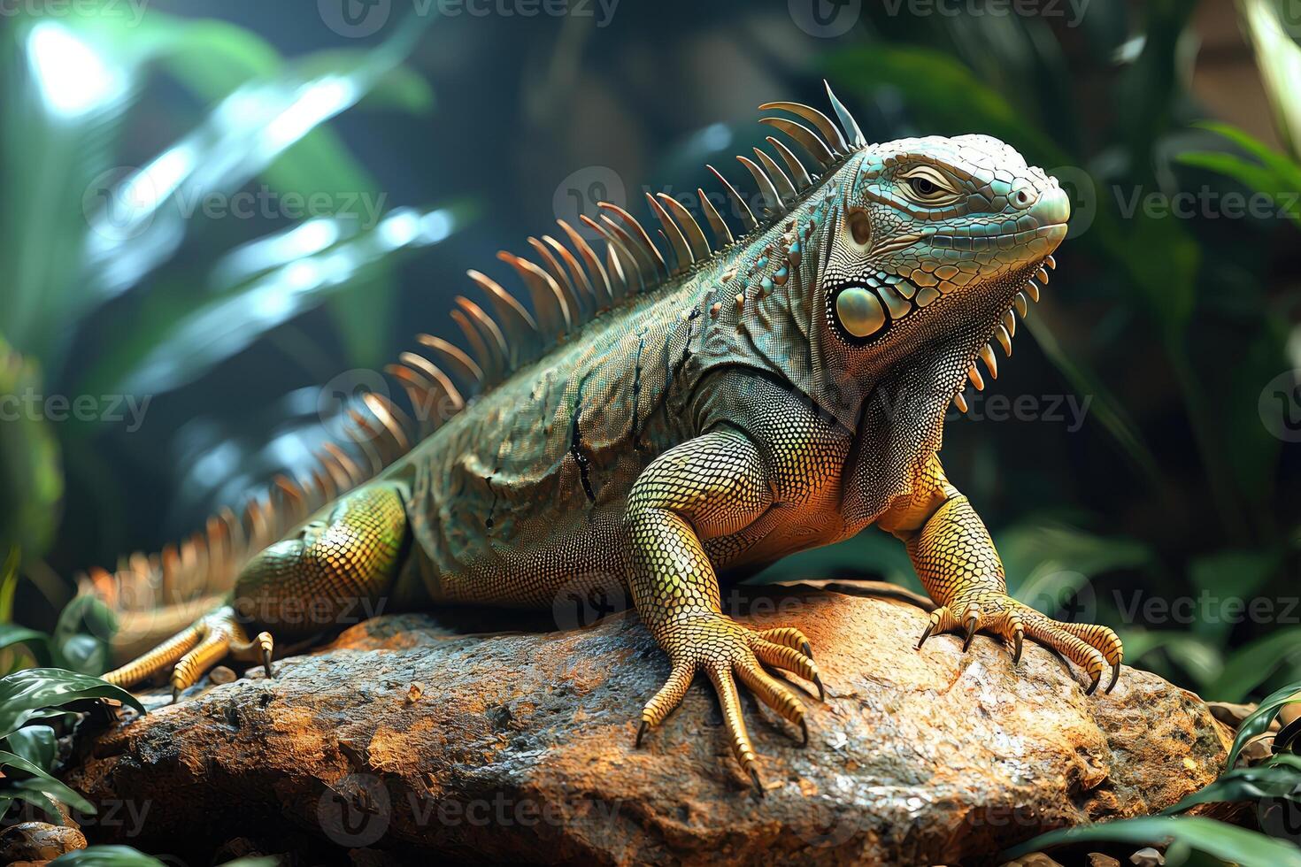 Green Iguana Resting on Rock in Lush Green Surroundings photo