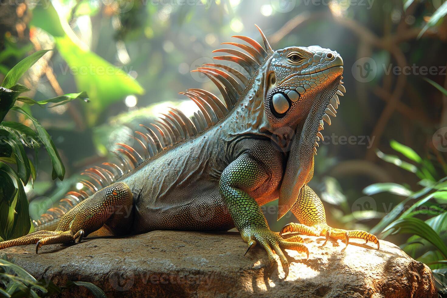 Green Iguana Basking In Sunlight Tropical Habitat photo