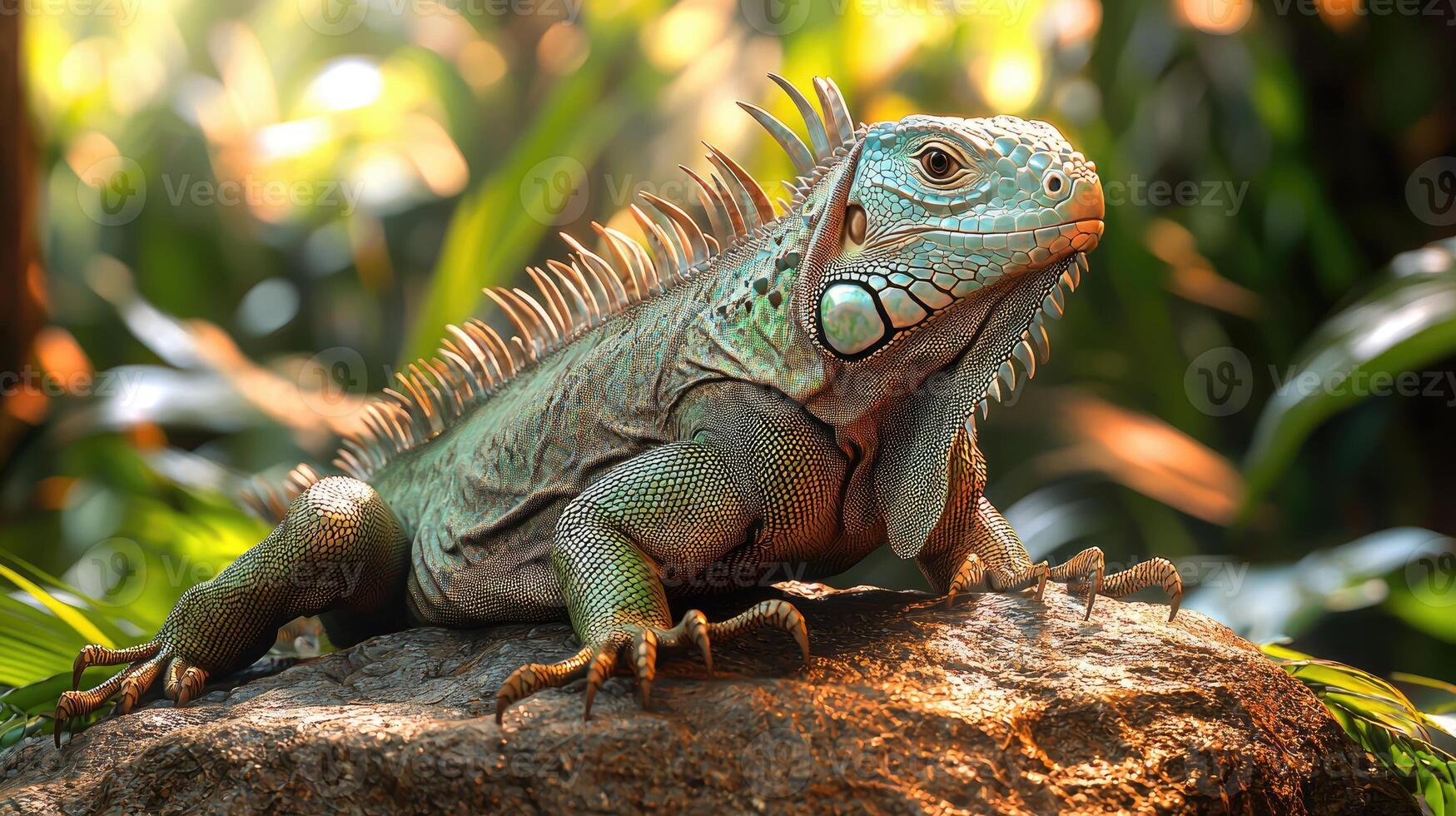 Green Iguana Reptile Basking on Rock in Lush Jungle photo