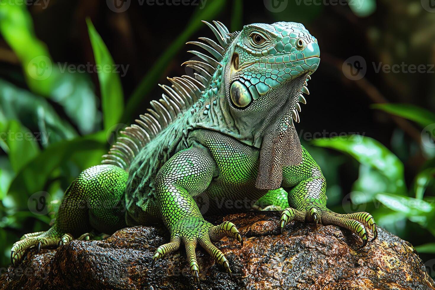 Green Iguana Reptile Perched on Rock in Lush Foliage photo