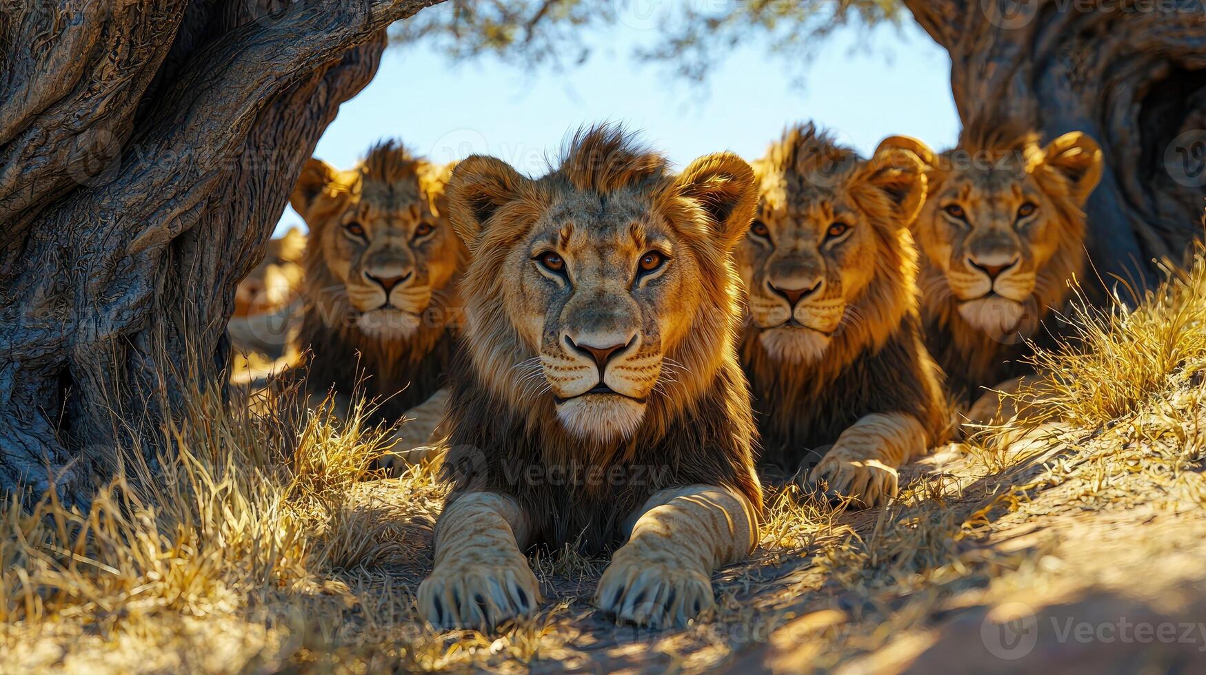 Group of lions sitting under a tree in the sunset photo