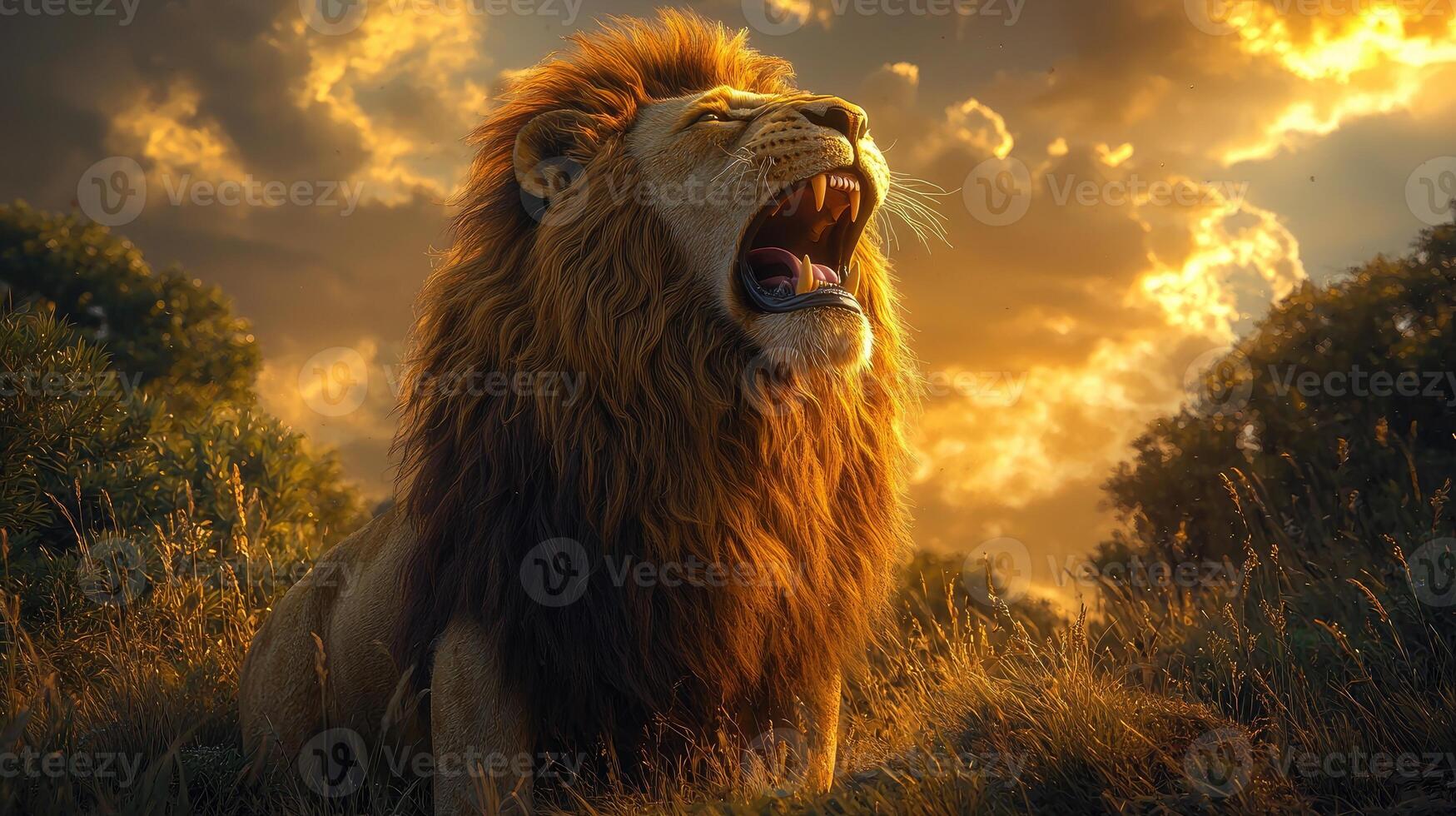 The lion roars at sunset in the wild photo