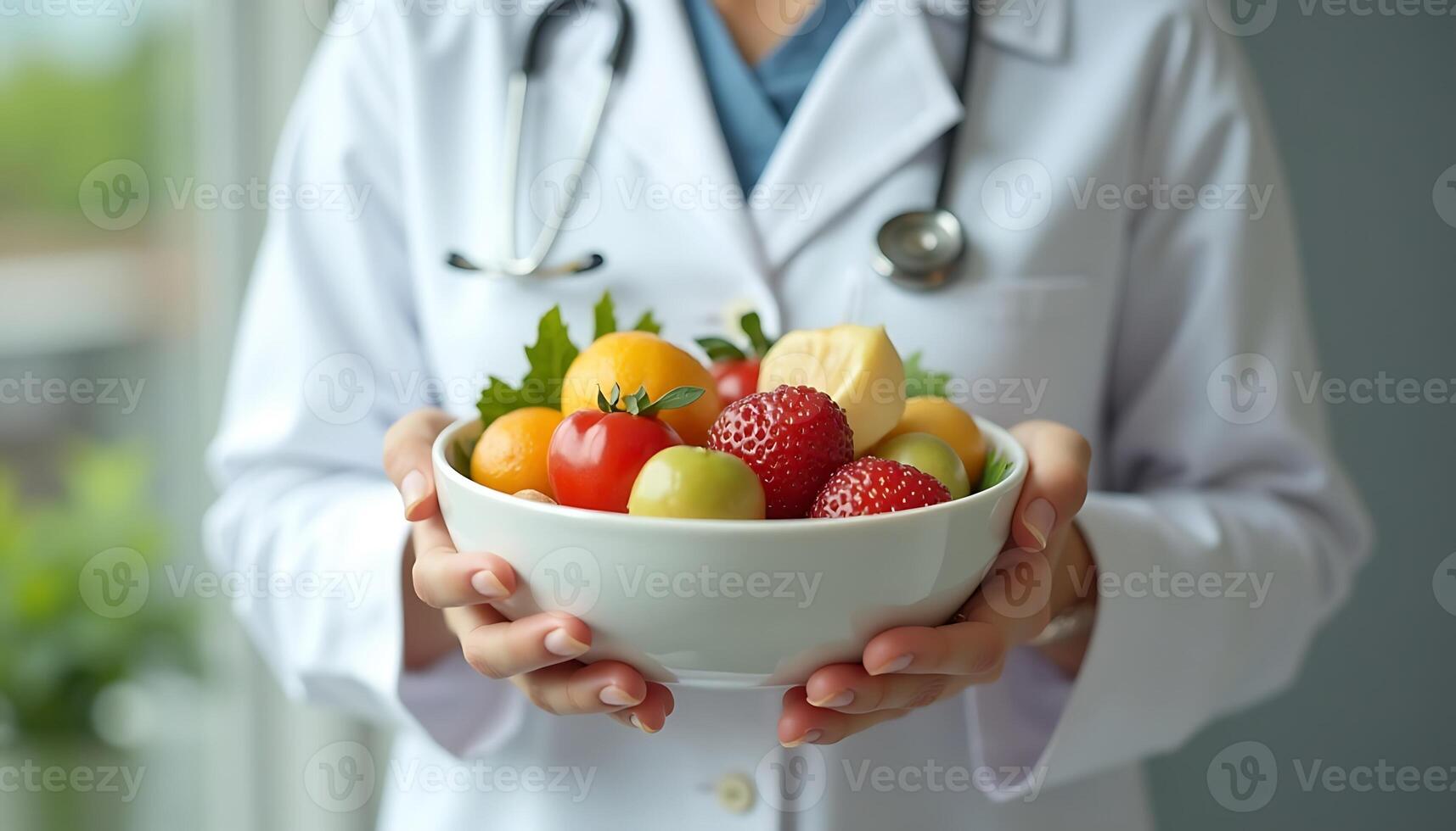 A doctor holding a bowl of fruit and vegetables photo