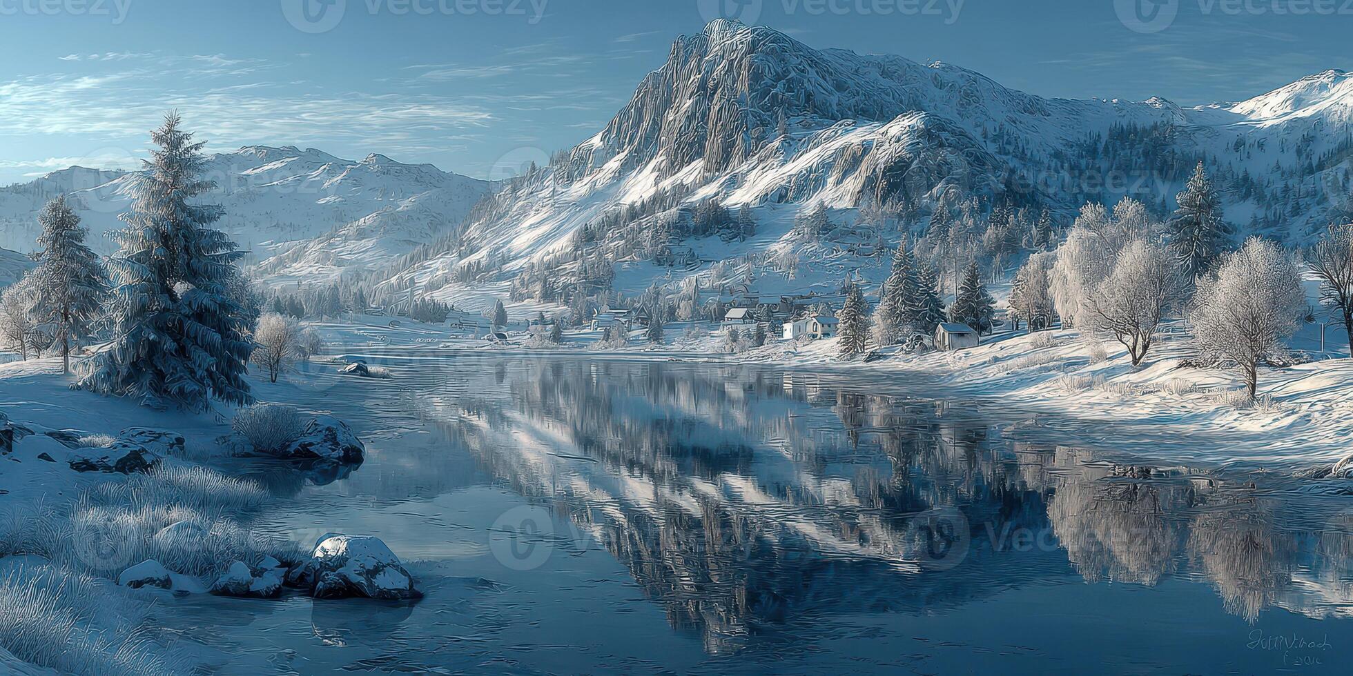 Winter landscape features a serene river reflecting snowy mountains and trees during a clear day photo