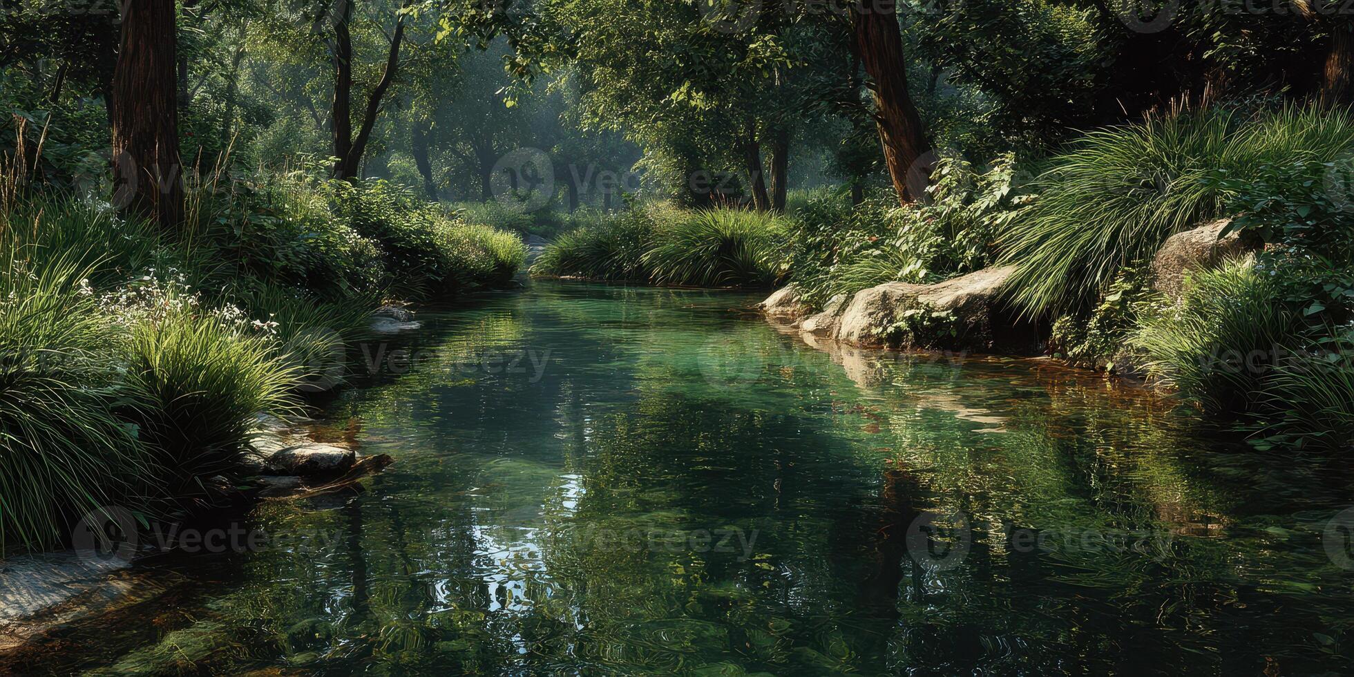 Serene forest stream surrounded by lush greenery reflecting sunlight in a tranquil wilderness setting photo