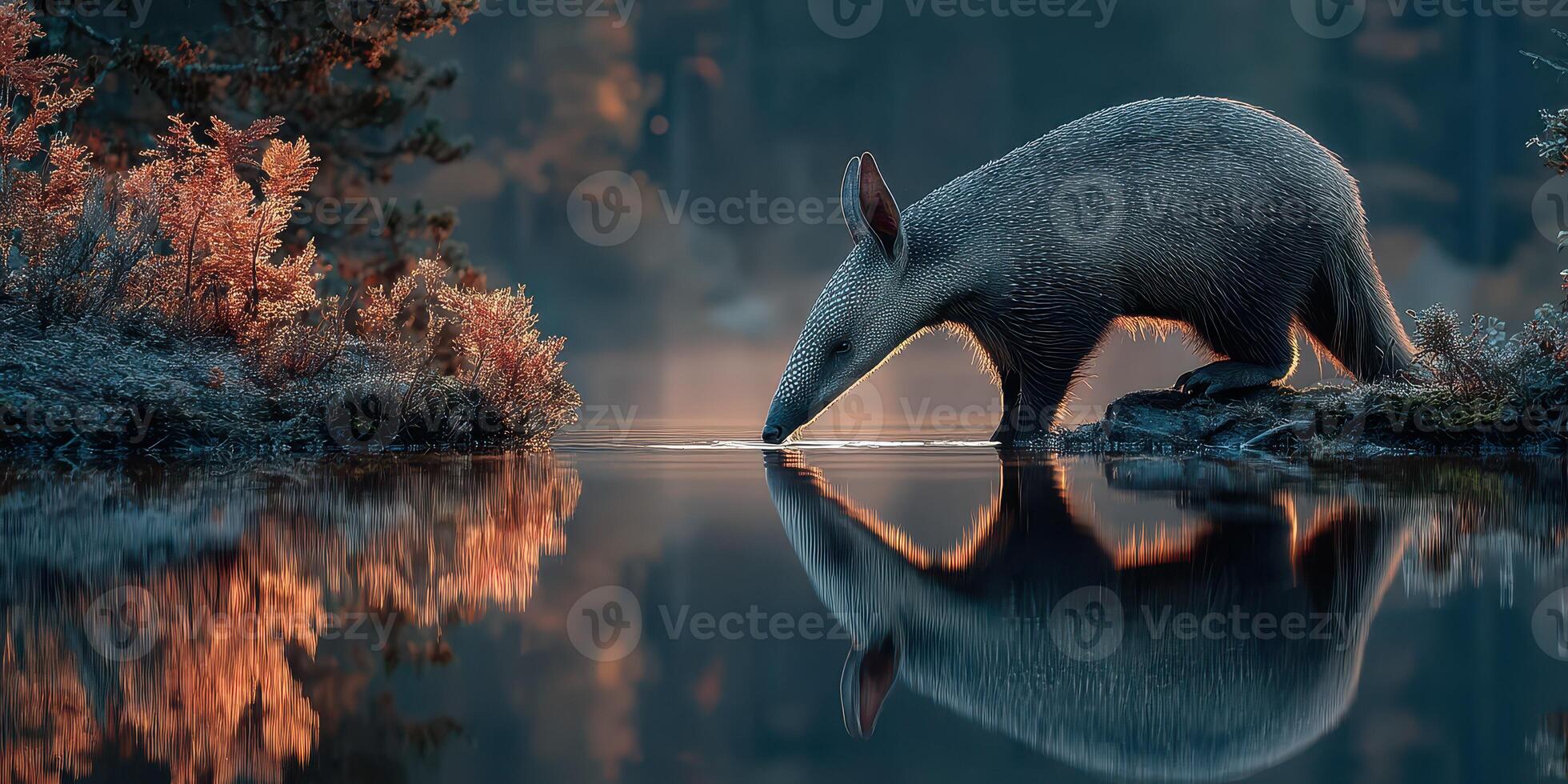 Aardvark drinking water at dawn by a tranquil forest lake reflected in the still surface photo