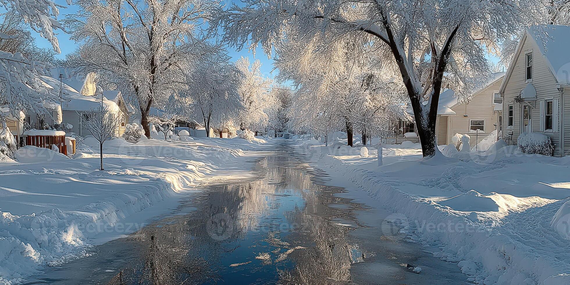 Winter landscape featuring a snowy canal in a suburban neighborhood on a clear day photo