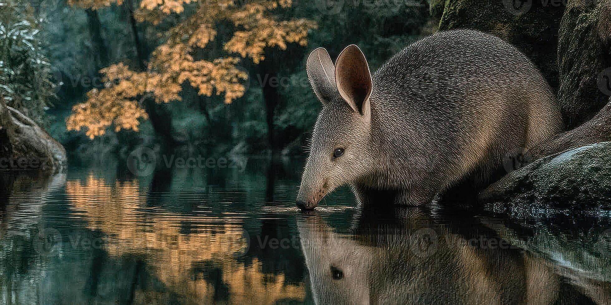 Animal drinks water from calm pool surrounded by autumn foliage in a serene forest setting photo