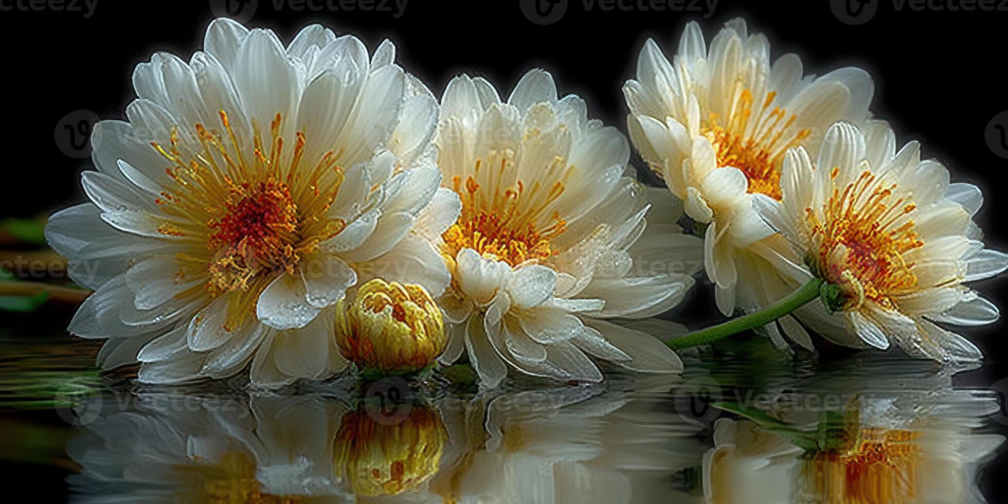 Beautiful white flowers with golden centers reflecting in still water create a serene atmosphere in nature's embrace photo