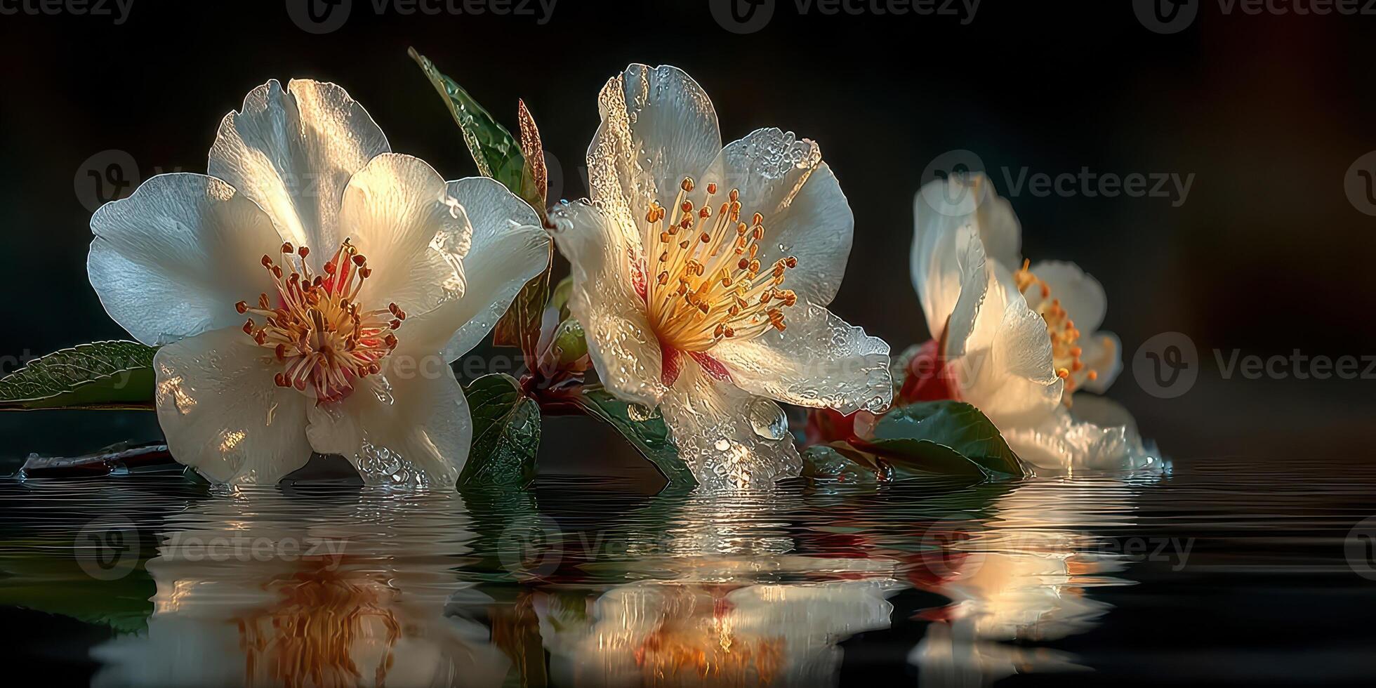 Beautiful flowers with reflections on water glistening in gentle light during early morning hours in a tranquil nature setting photo