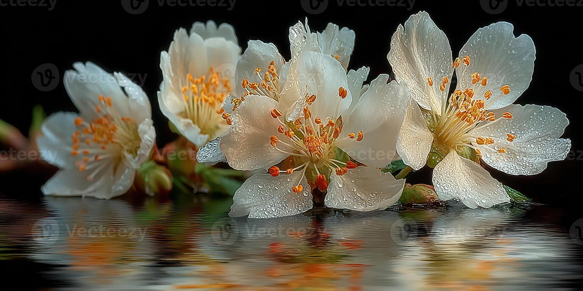 Blossoming white flowers with orange centers reflected in calm water at dawn in a serene natural setting photo
