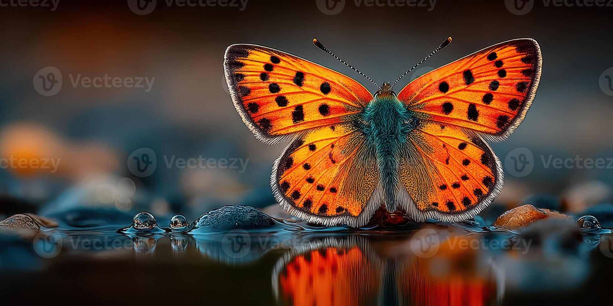 Butterfly resting on a rock by a shimmering pool during a warm summer afternoon photo