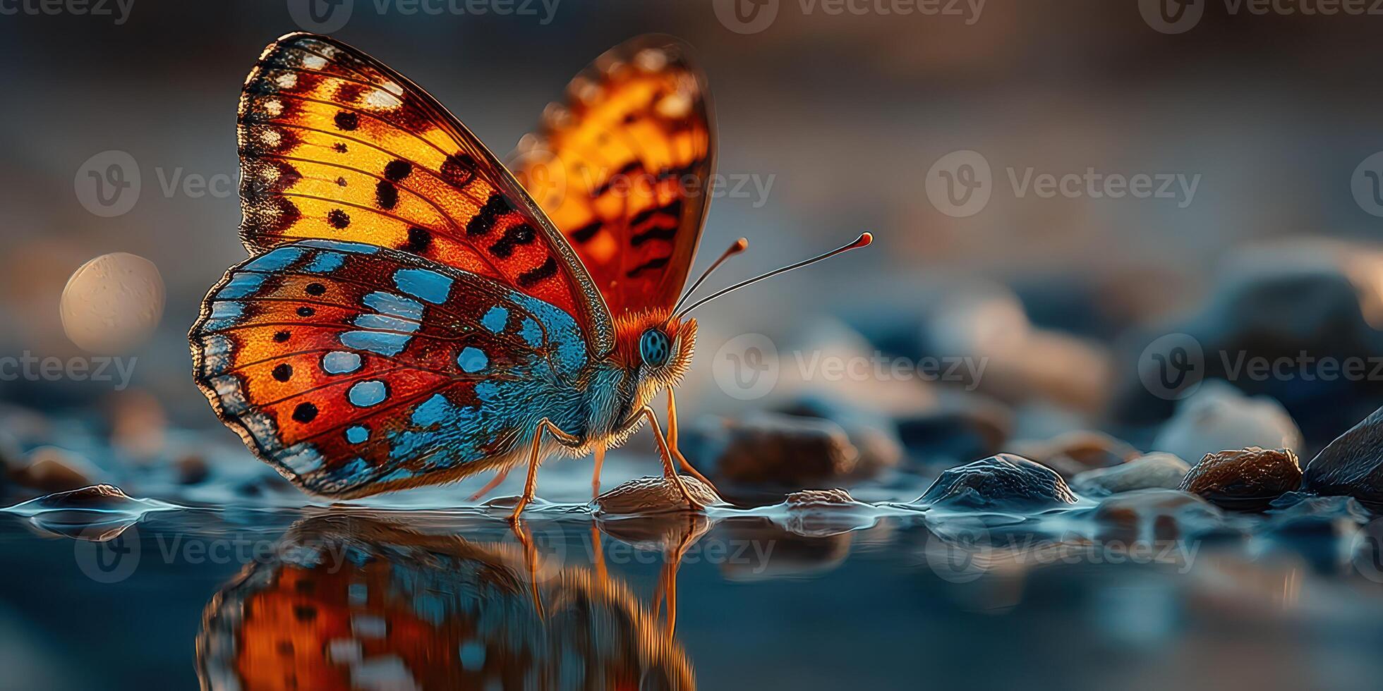 Colorful butterfly resting on a rock by a small water puddle during golden hour in nature photo