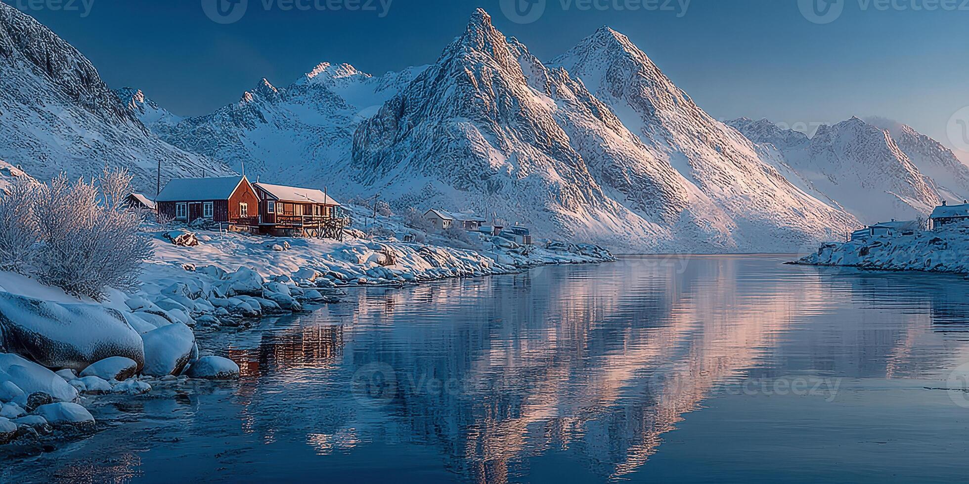 Majestic snow-covered mountains reflect in calm water with a cozy cabin by the shore during twilight in a serene winter landscape photo